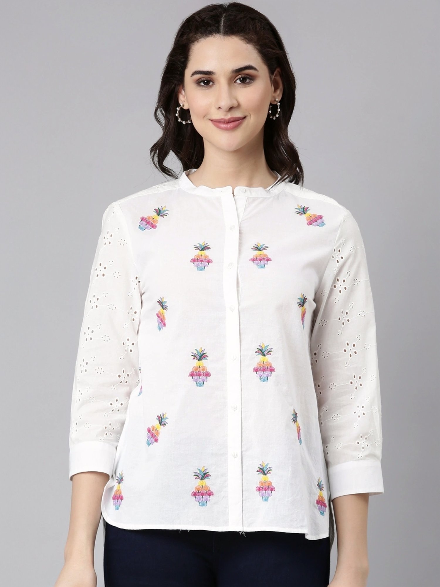 Zolo Label White Cotton Embroidered Shirt