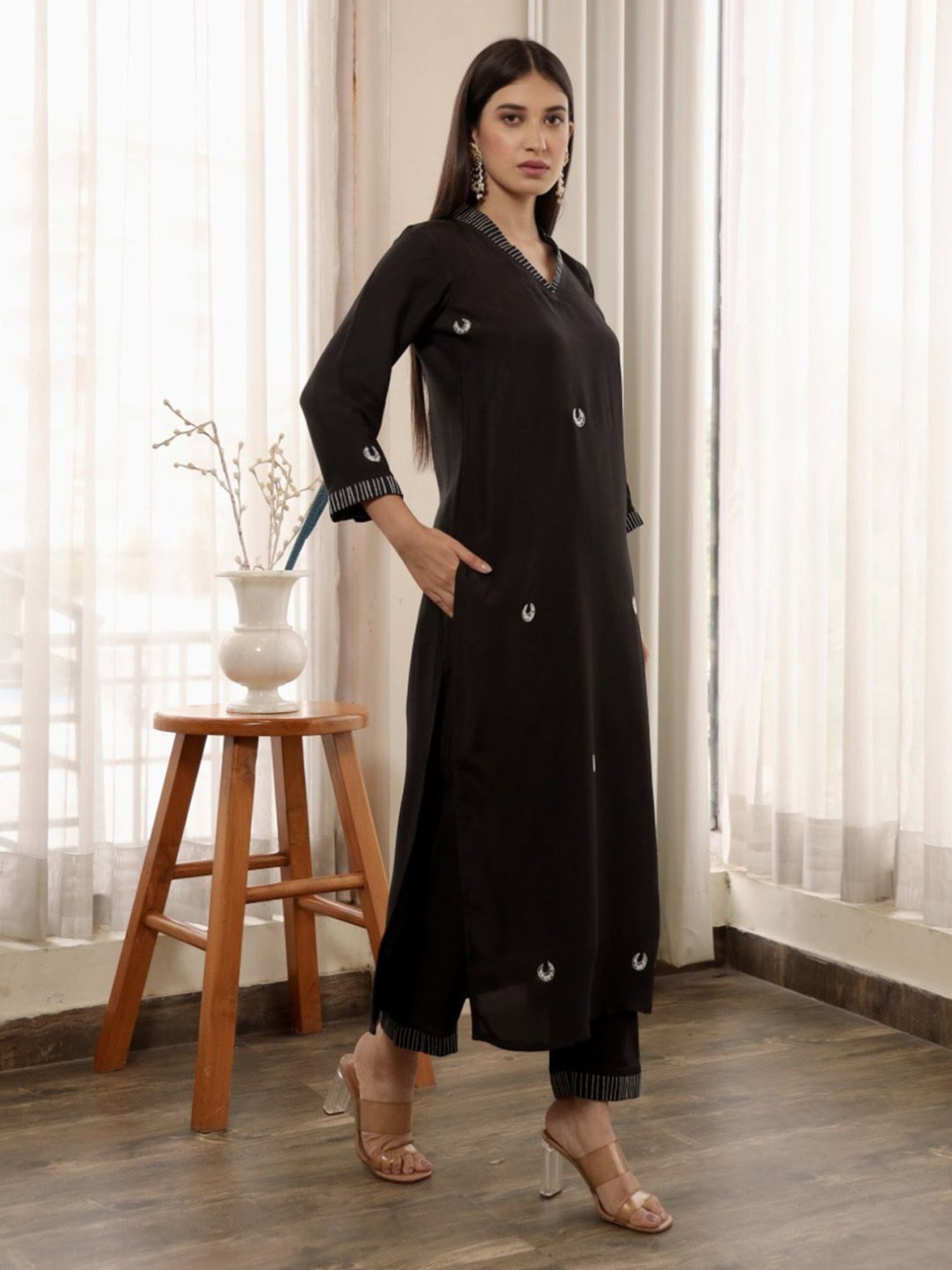 Asrumo Black Adah Monsoon Chand Embellished Muslin Straight Kurta with Pant and Dupatta Set