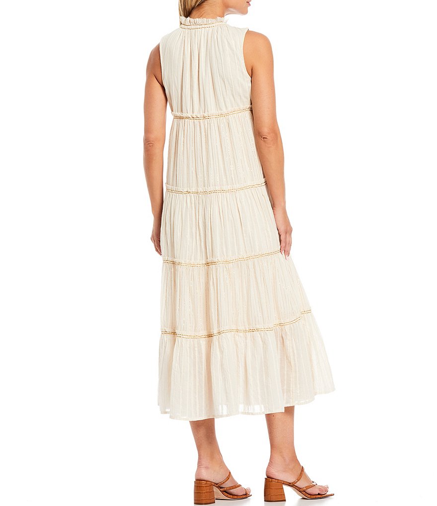 Reba Lurex Stripe Wooden Beaded Tiered Raw Hem Scoop Neck Sleeveless Cotton Dress