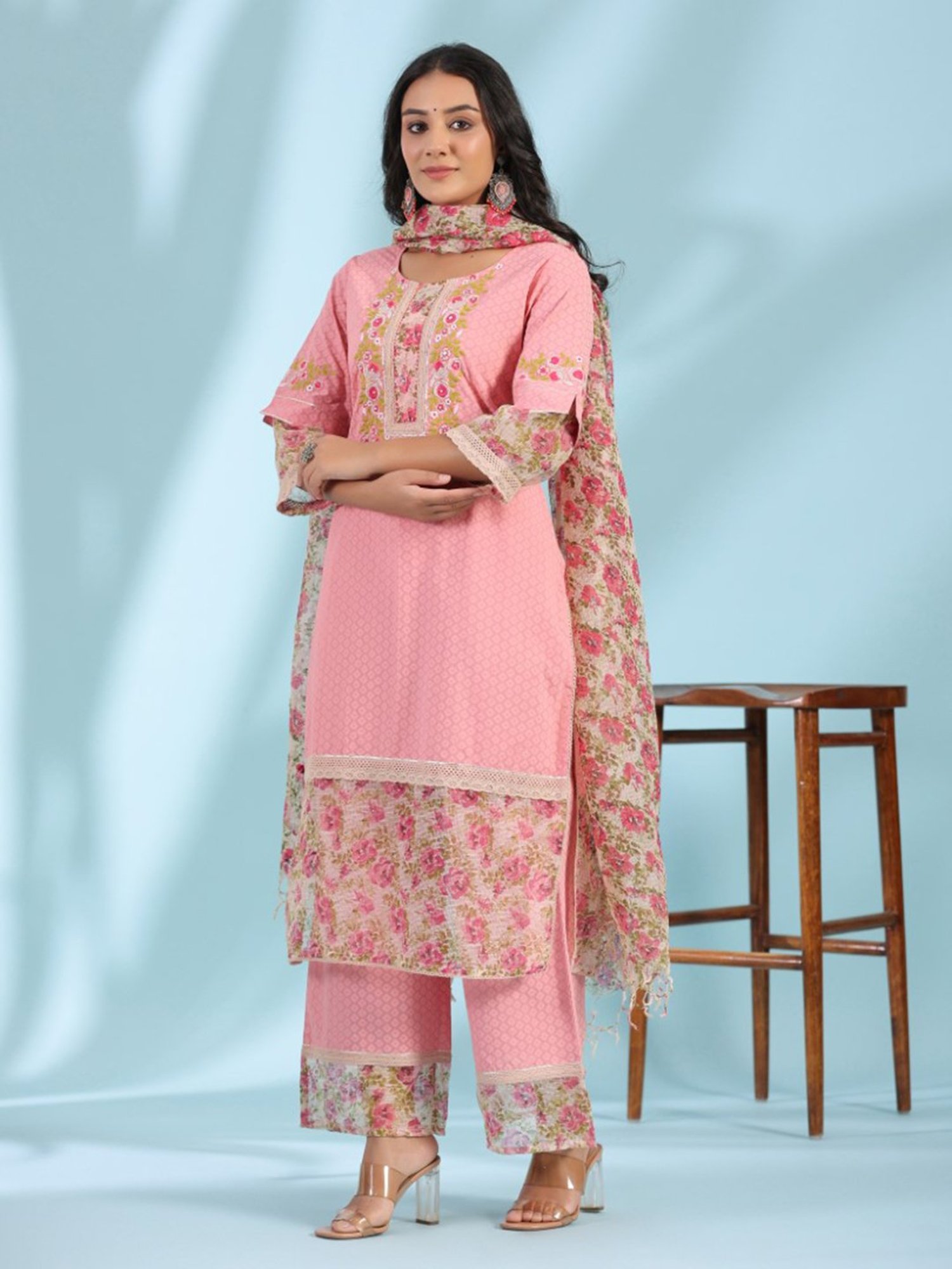 Juniper Pink Floral Printed & Laced Pure Cotton Kurta Palazzo Set With Printed Kota Doria Dupatta