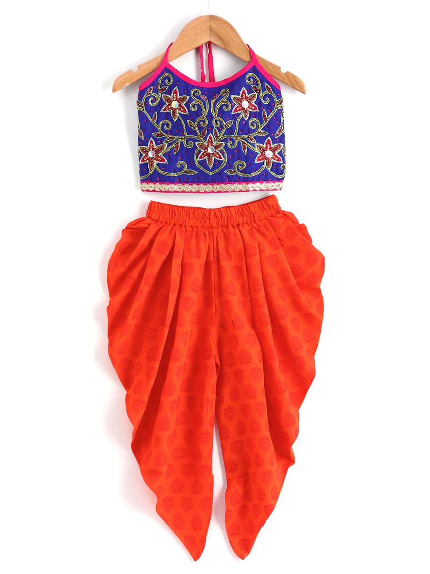 TWISHA Kids Royal Blue & Orange Embellished Top with Dhoti