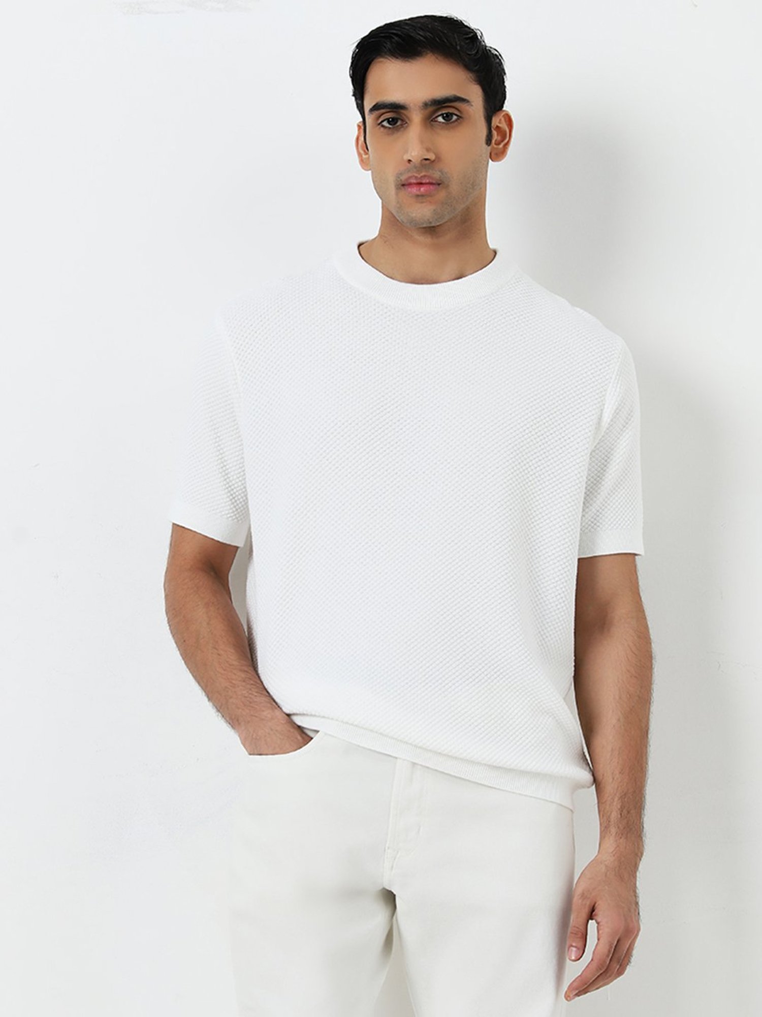 Ascot by Westside White Self-Textured Relaxed-Fit Cotton T-Shirt