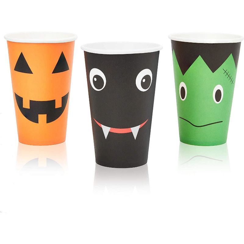 Spooky Central 48 Pack Paper Cups, Pumpkin, Bat and Frankenstein for Halloween Party Supplies (12 oz)