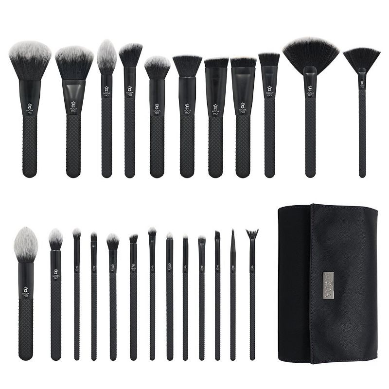 MODA Brush Pro Full Face 25pc Black Makeup Brush Set with Wrap, Includes - Powder, Angle Blush, Highlight, and Crease Brushes