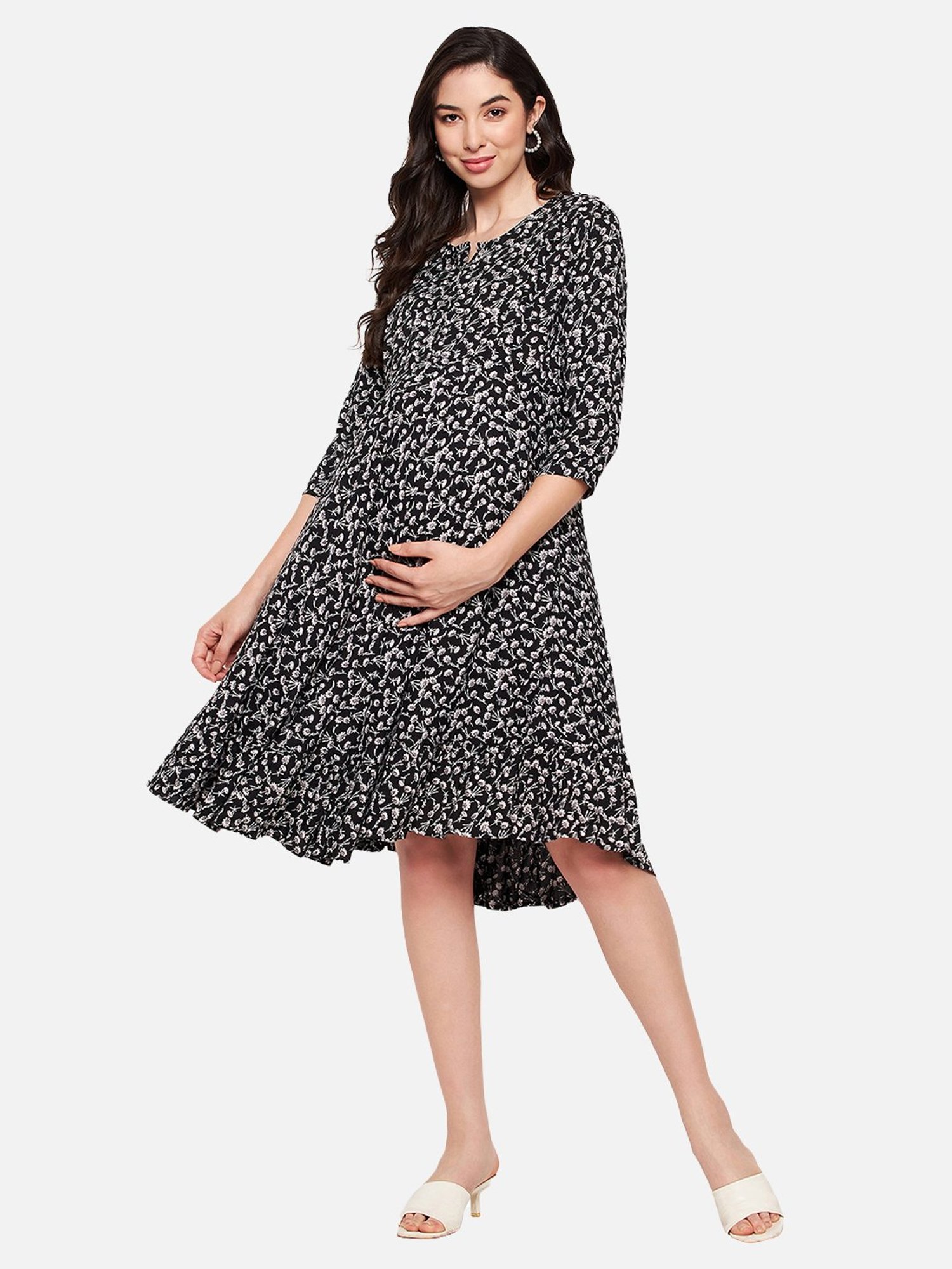 Hypernation Black Rayon Floral Print Maternity Dress
