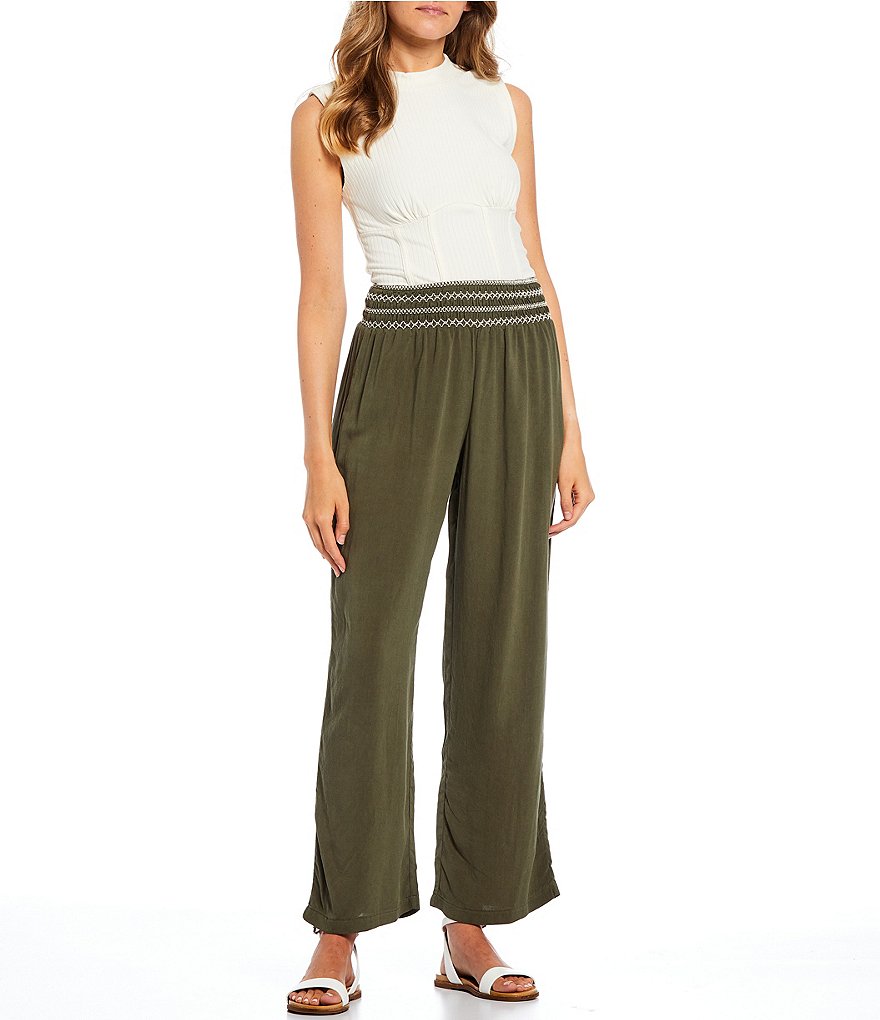 June & Hudson Contrast Smocked Waist Wide Leg Pants