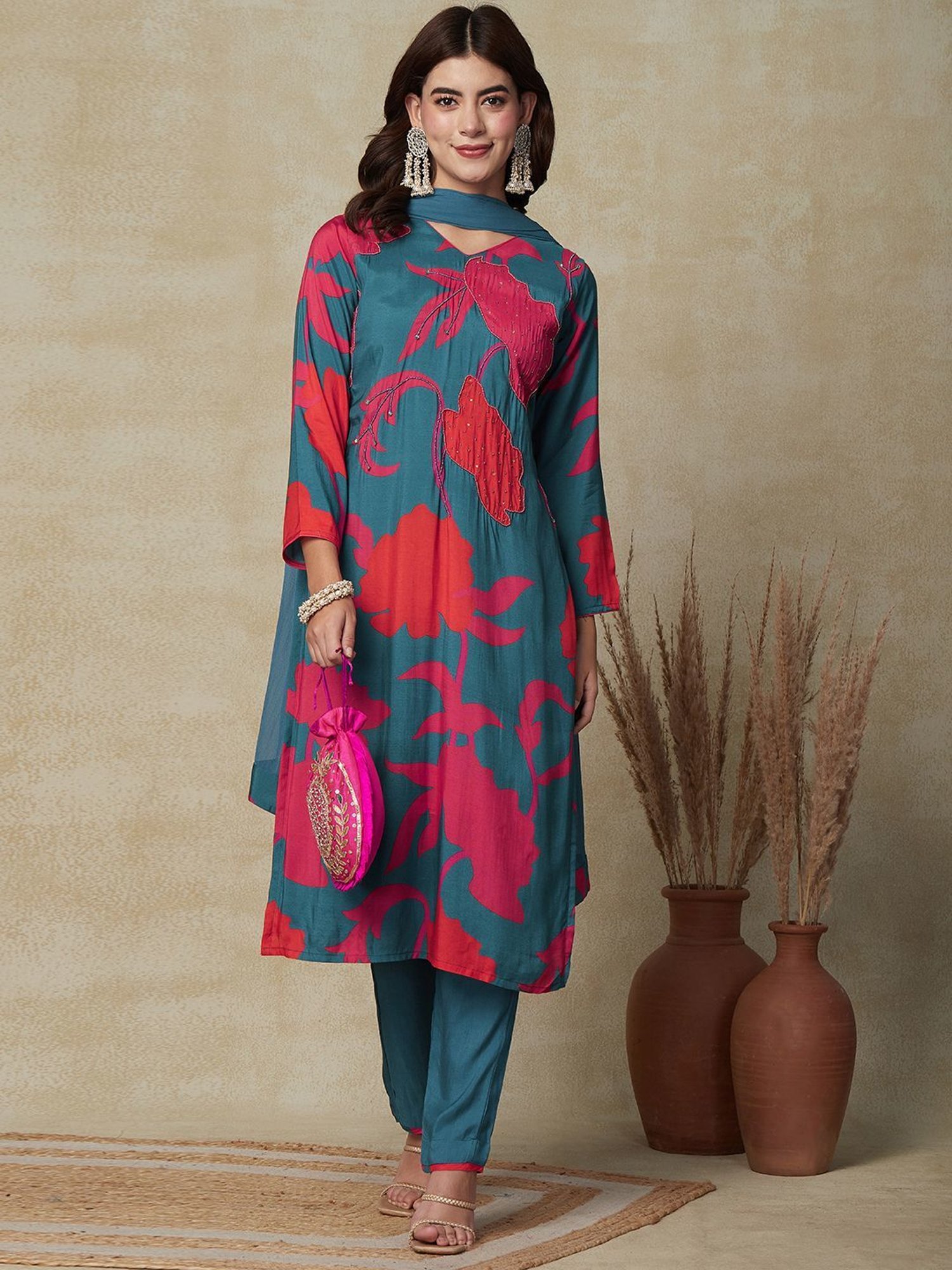Fashor Teal Blue Printed Kurta Pant Set With Dupatta