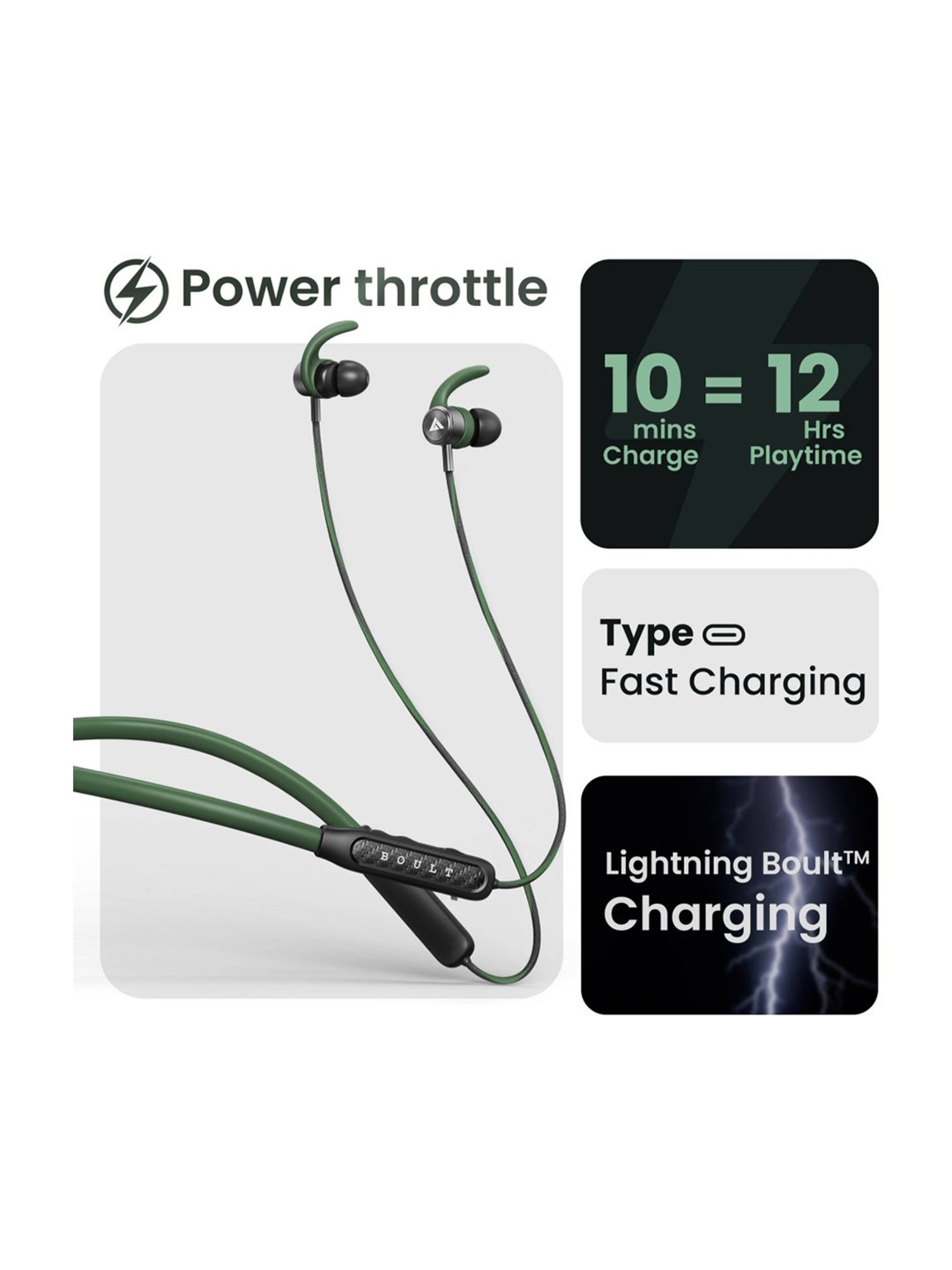 Boult Audio Rcharge Neckband with 30Hrs Playtime, ENC Mic, Dual Device Pairing (Green, In the Ear)