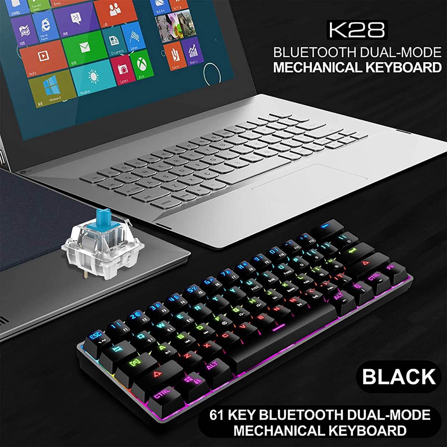 CUUWE K28 Wireless Bluetooth 61-Key Dual-Mode RGB Backlit Waterproof Mechanical Gaming Keyboard - Office Keyboard -Gaming Keyboard