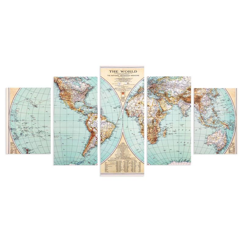Set of 5 Large Vintage World Map Canvas Panel Wall Art - Patton Wall Decor