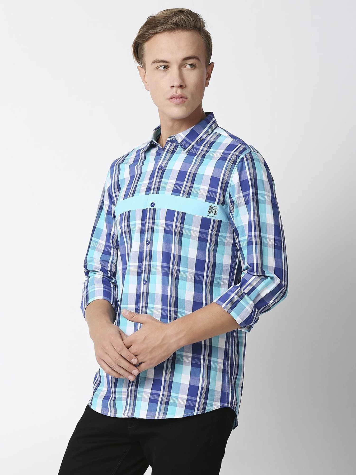 SOLEMIO Navy Cotton Slim Fit Checks Shirt