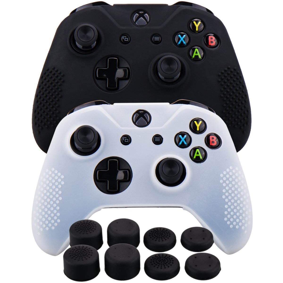 MXRC Silicone Rubber Cover Skin case Anti-Slip Studded Customize for Xbox One/S/X Controller x 2(Black & White) + FPS PRO Extra Height Thumb Grips x 8