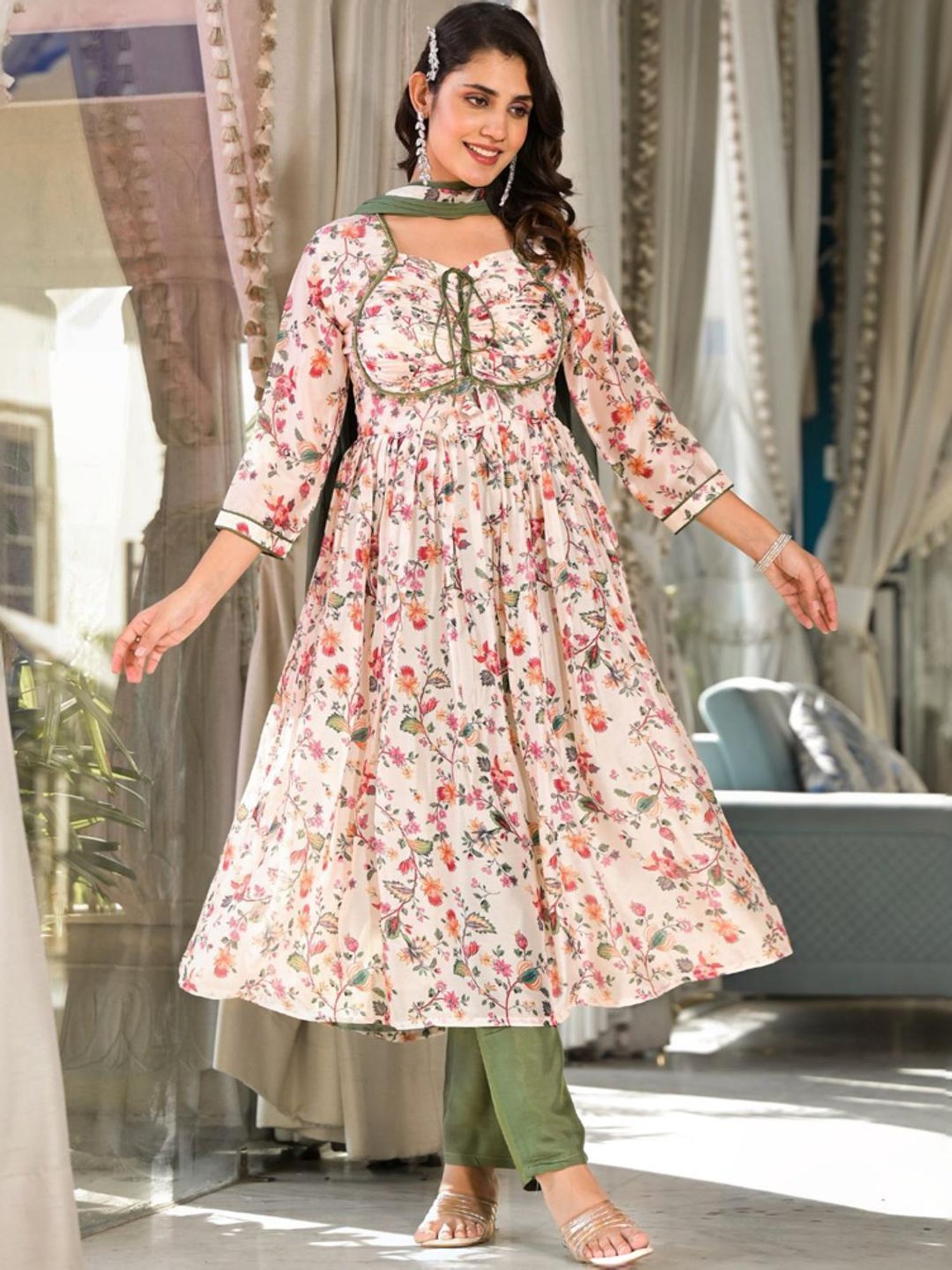 Odette Beige & Green Floral Print Kurta Pant Set With Dupatta