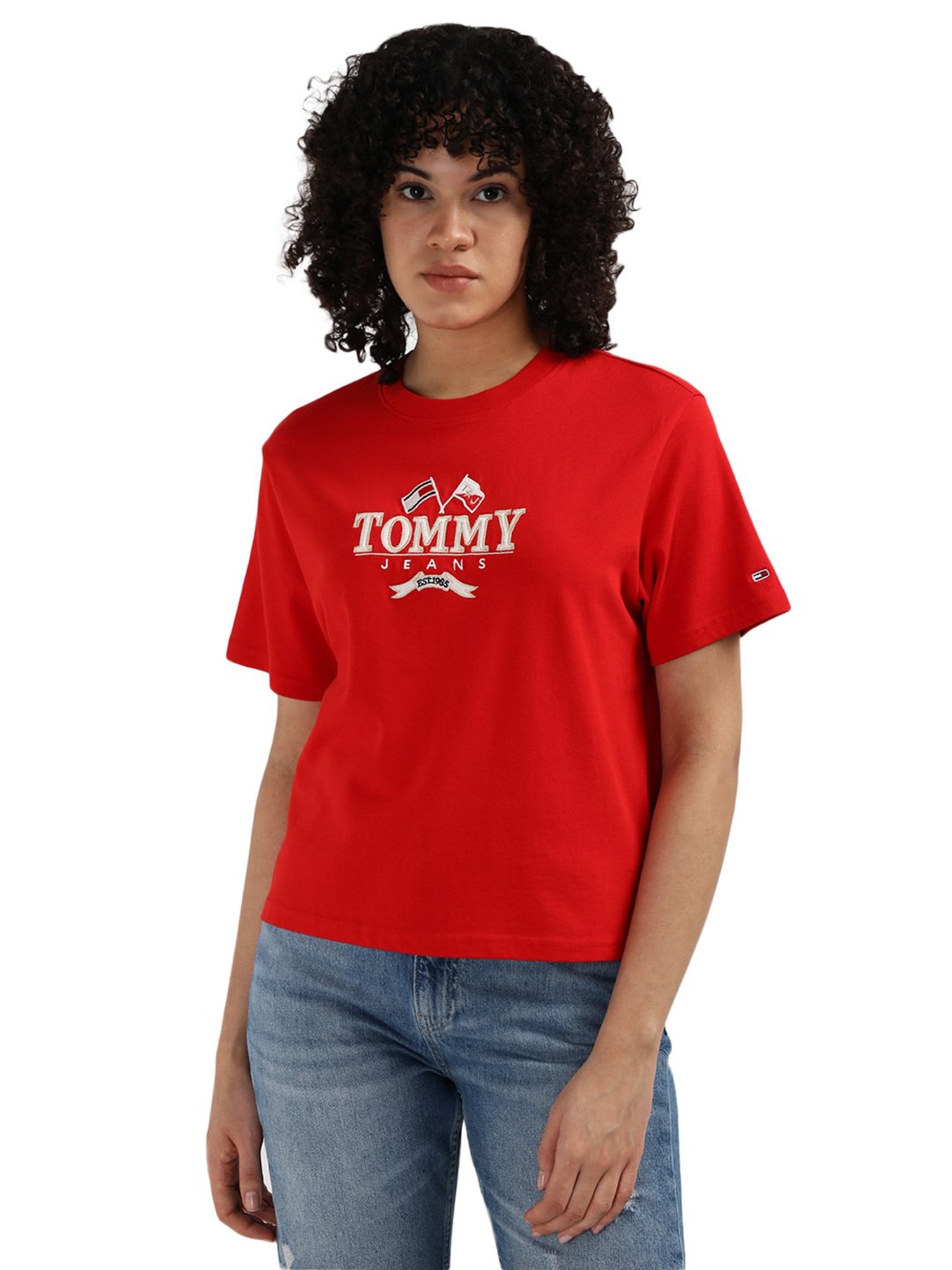Tommy Hilfiger Red Pure Cotton Embroidered Women Regular Fit T-Shirt