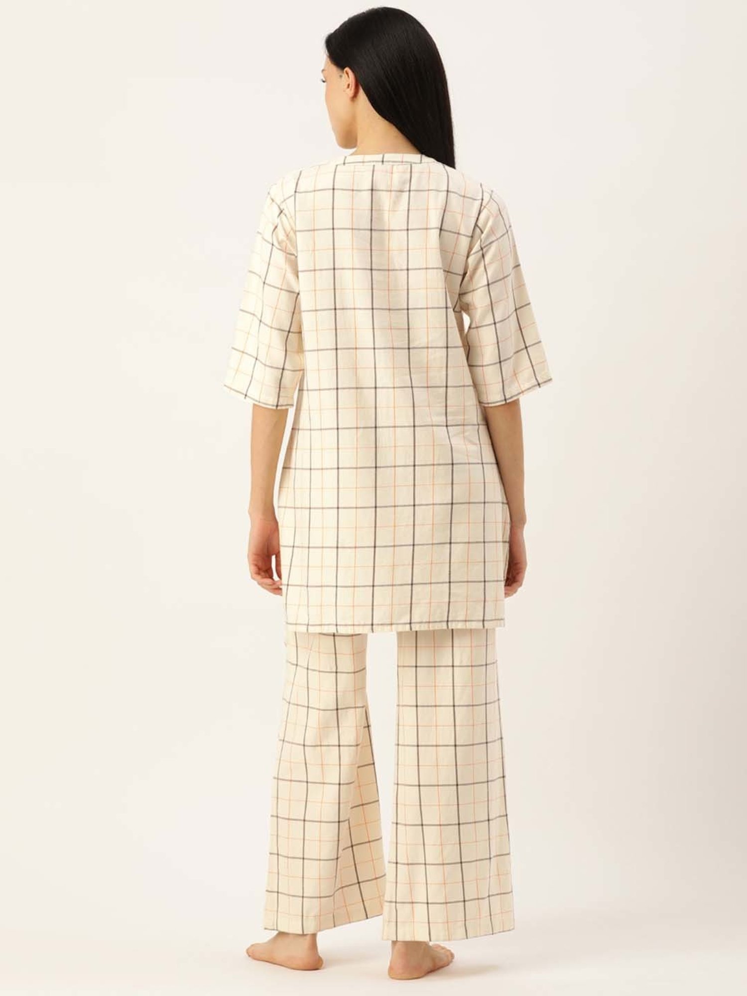 Clt.s Beige Cotton Chequered Kurti Palazzo Set