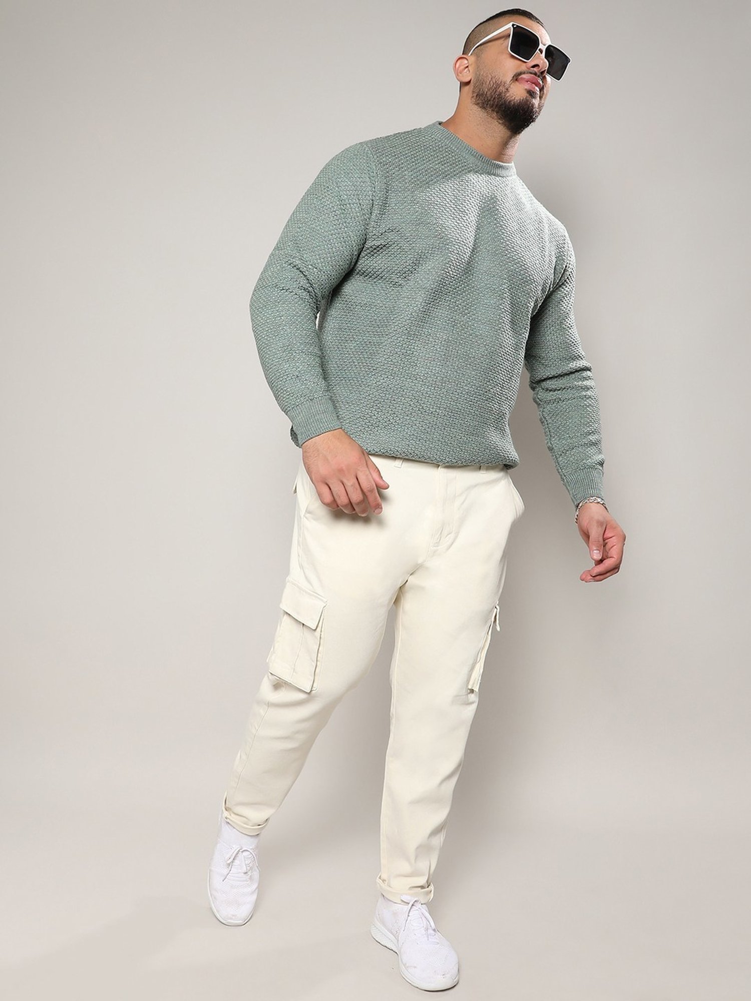 Instafab Plus Olive Green Regular Fit Self Pattern Plus Size Sweater