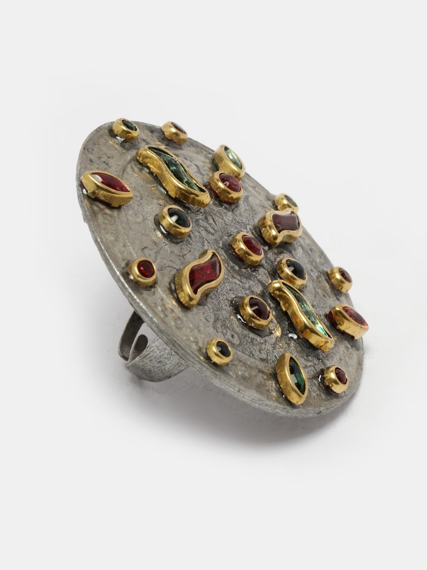 Moedbuille Crystals Studded Antique Tribal Design Oxidised Silver Plated Handcrafted Finger Ring