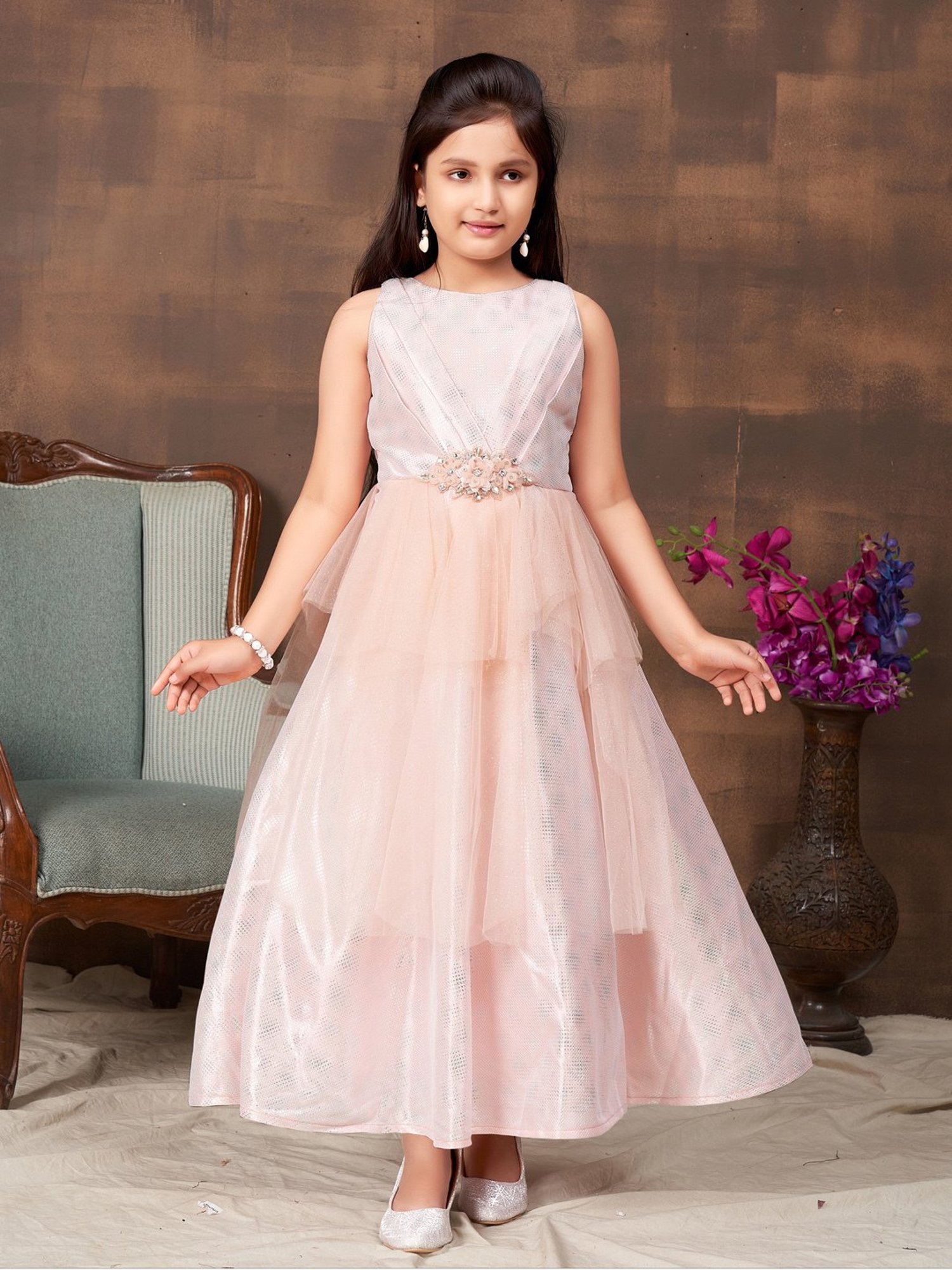 Aarika Kids Peach Embellished Gown with Unstiched Sleeves
