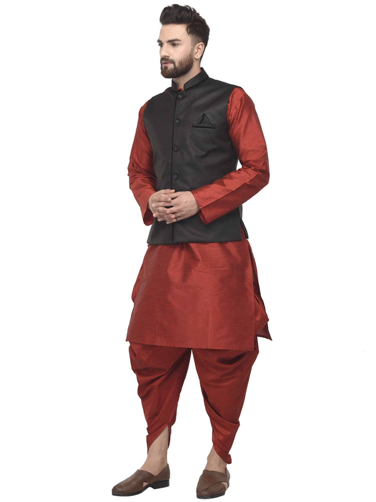 Benstoke Maroon & Black Regular Fit Kurta Set With Jacket