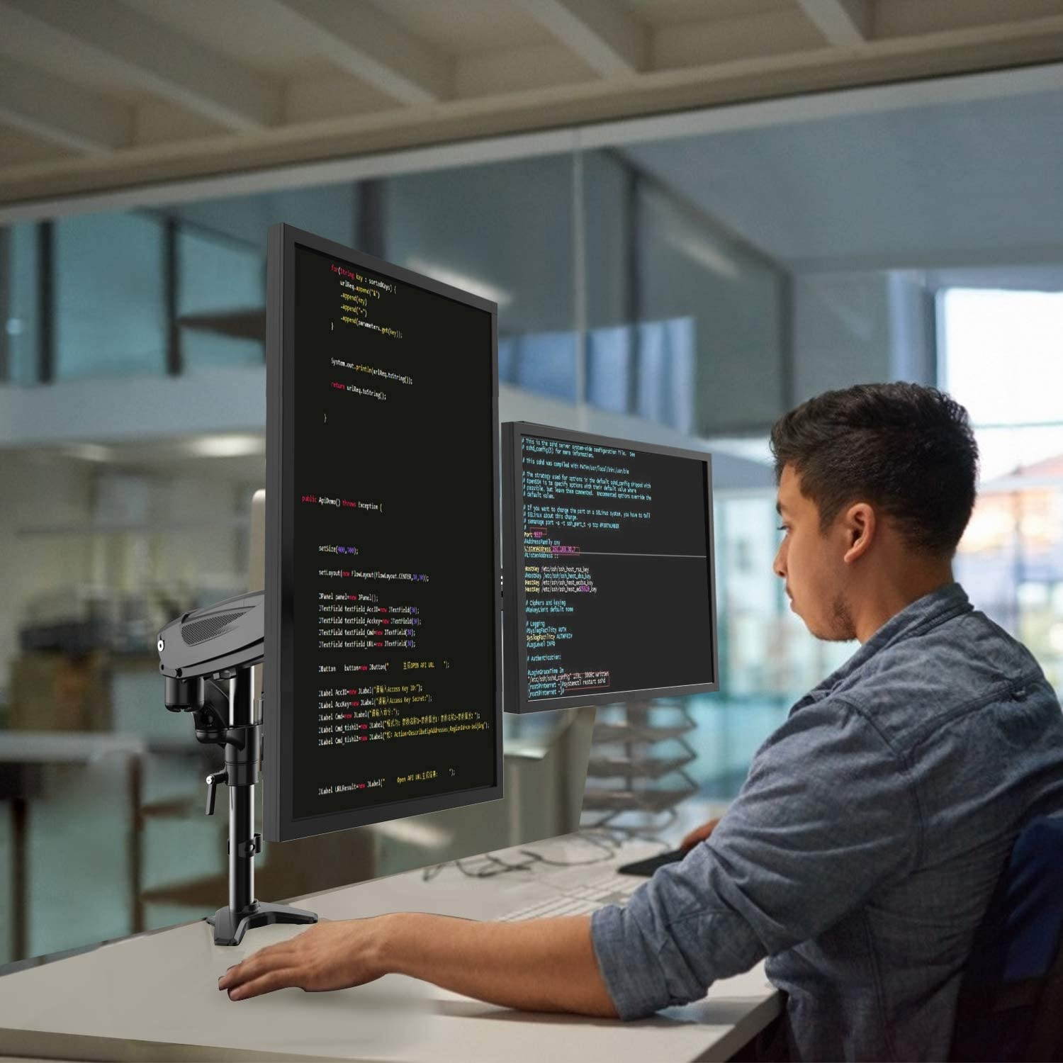 Dual Monitor Stand - Height Adjustable Gas Spring Monitor Desk Mount Fits 2 Flat/Curved Computer Screens 15 to 27 Inch, Double Articulating Arms Vesa Bracket with C Clamp, Grommet Mounting