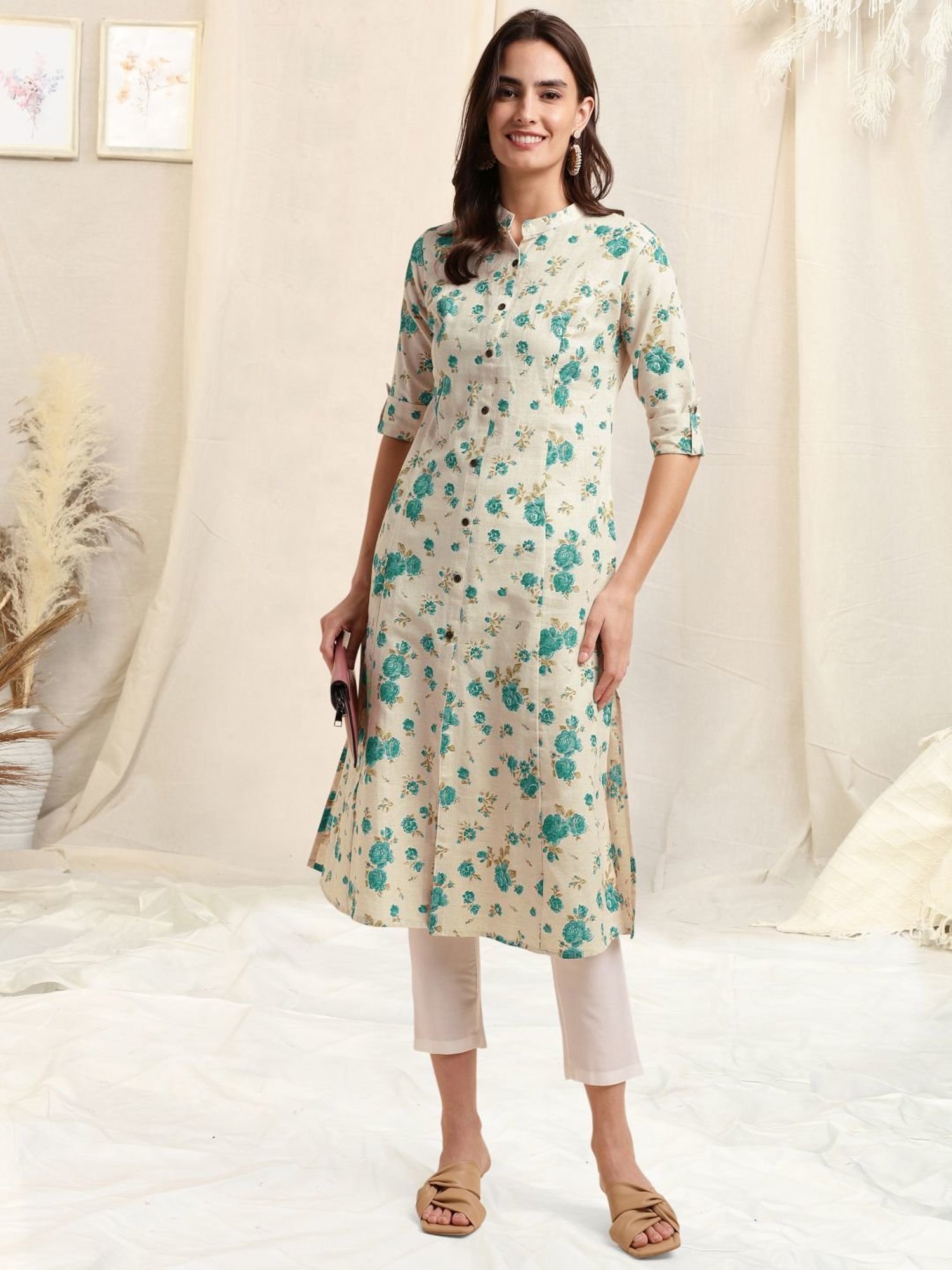 MIRCHI FASHION Beige Cotton Floral Print Straight Kurta