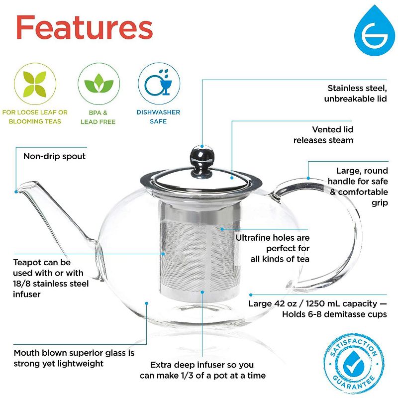 GROSCHE JOLIETTE Hand Blown Glass Teapot with Stainless Steel Infuser, 42 fl oz. Capacity