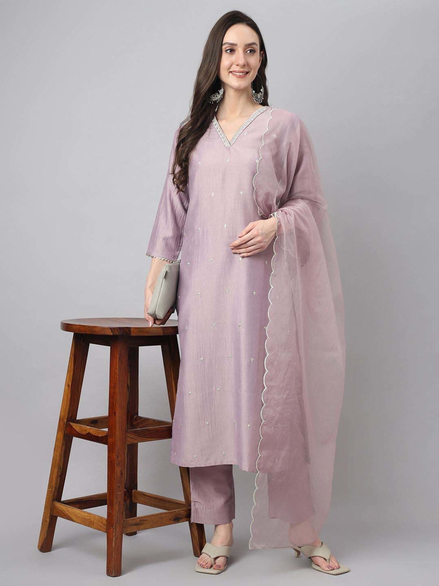Janasya Lavender Embellished Kurta & Pant Set With Dupatta