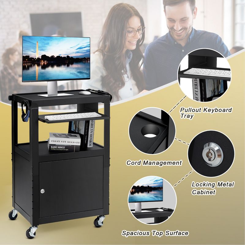 Costway Mobile Steel AV Presentation Cart Adjustable Height w/ Locked Cabinet & Keyboard