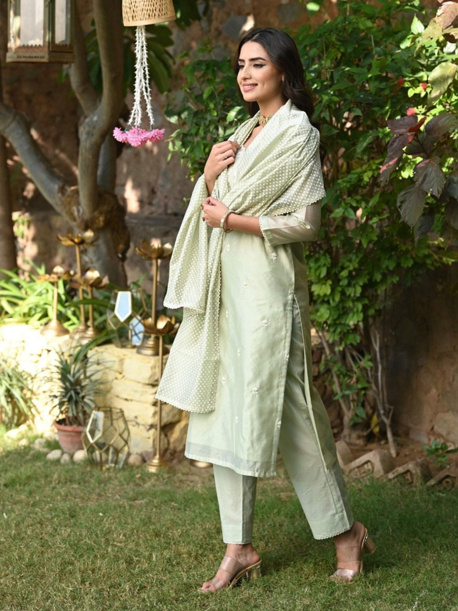 Mahee Jaipur Aquamarine Pistachio Green Chanderi Kurta With Pant And Dupatta