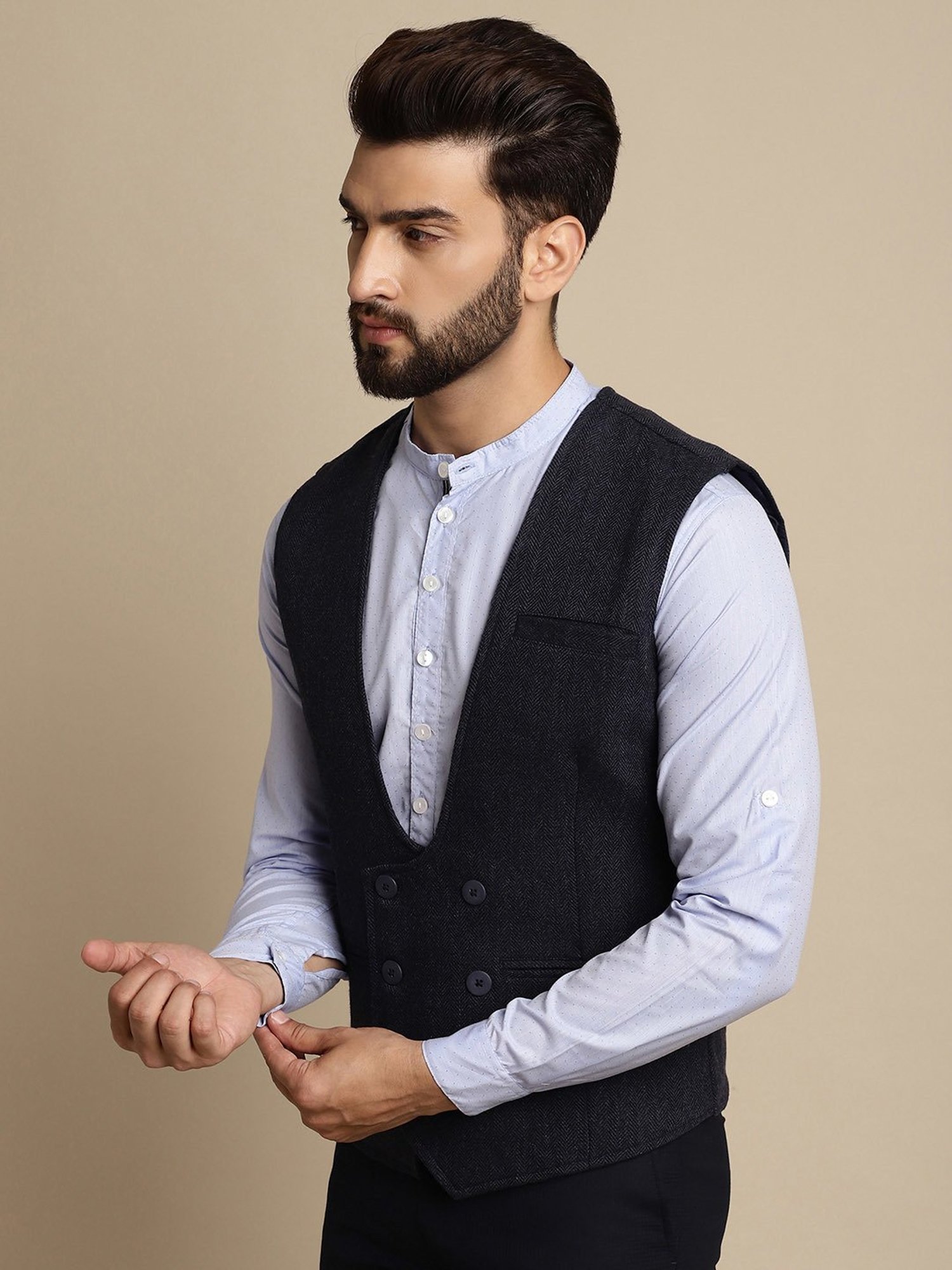 Even Navy Regular Fit Herringbone V Neck Waistcoat