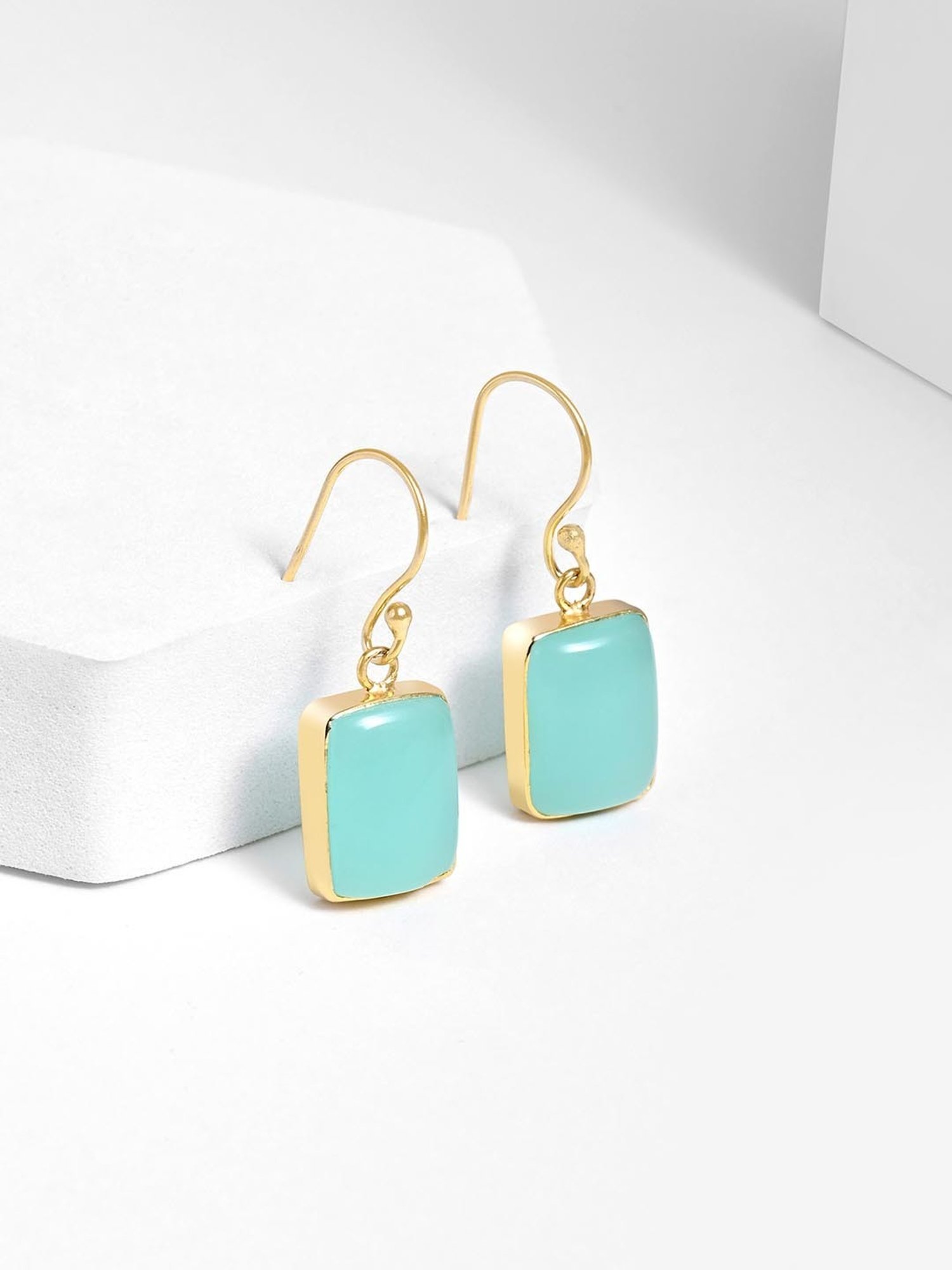 March by FableStreet Sterling Silver Aqua Chalcedony Drop Earrings in 18k Gold-Plating