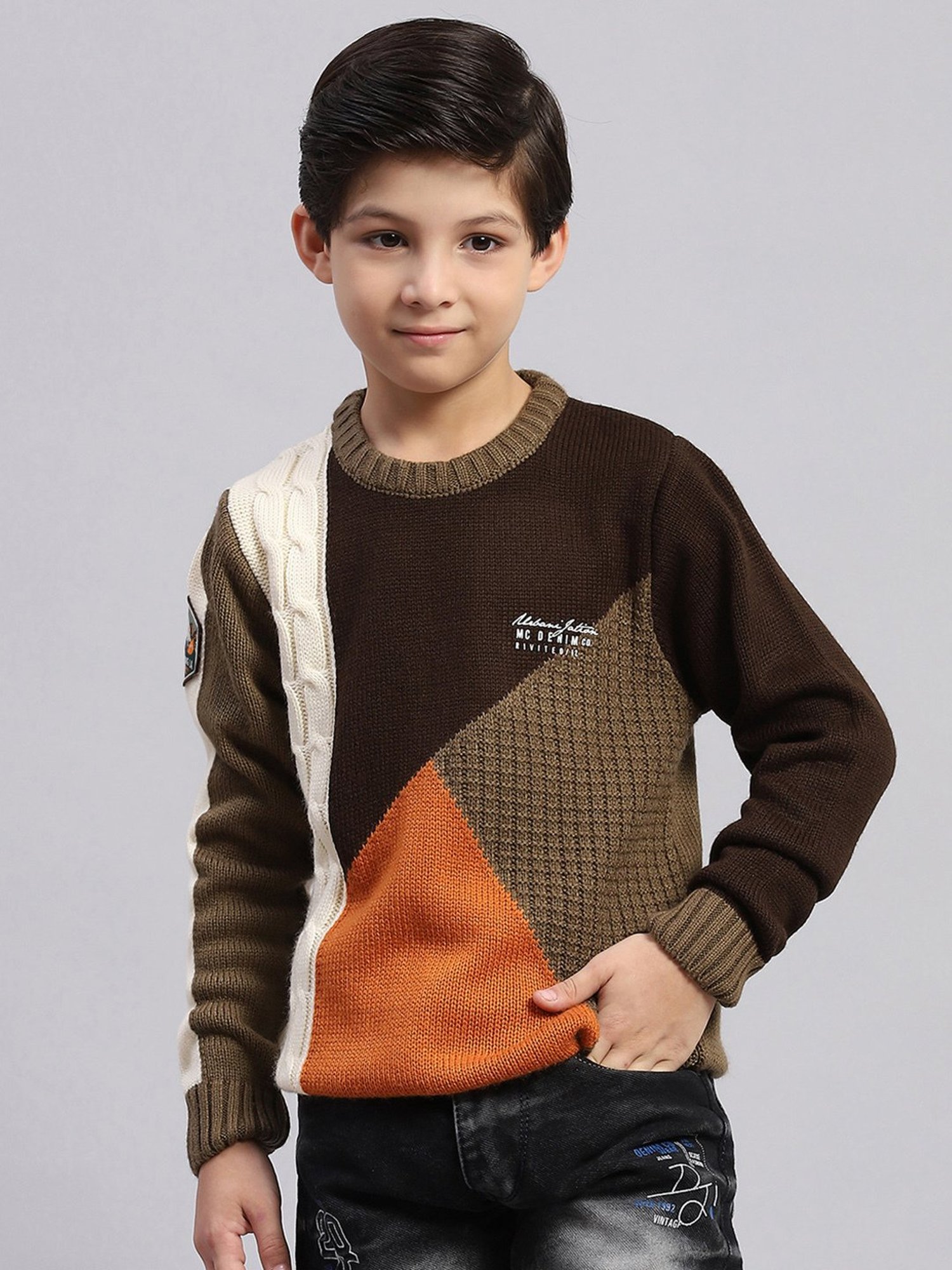 Monte Carlo Kids Multicolor Self Design Full Sleeves Sweater