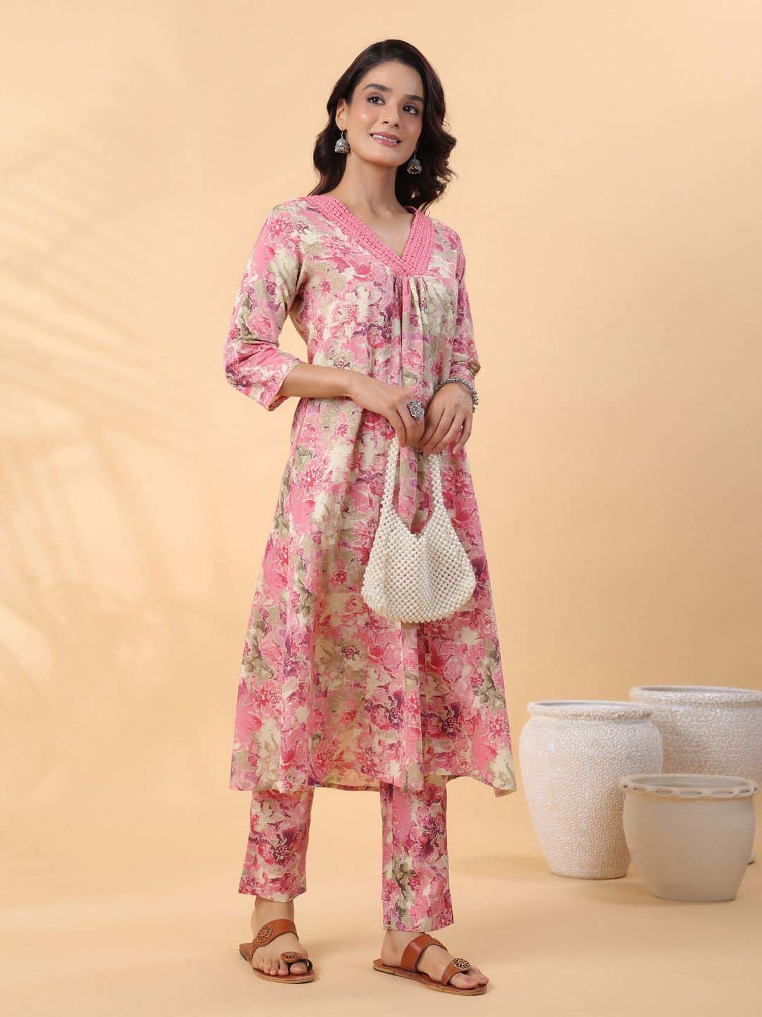 Janasya Beige Cotton Printed Kurta & Pant Set