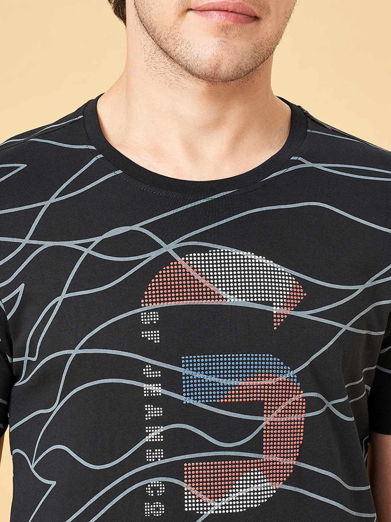 SF Jeans by Pantaloons Jet Black Cotton Slim Fit Printed T-Shirt