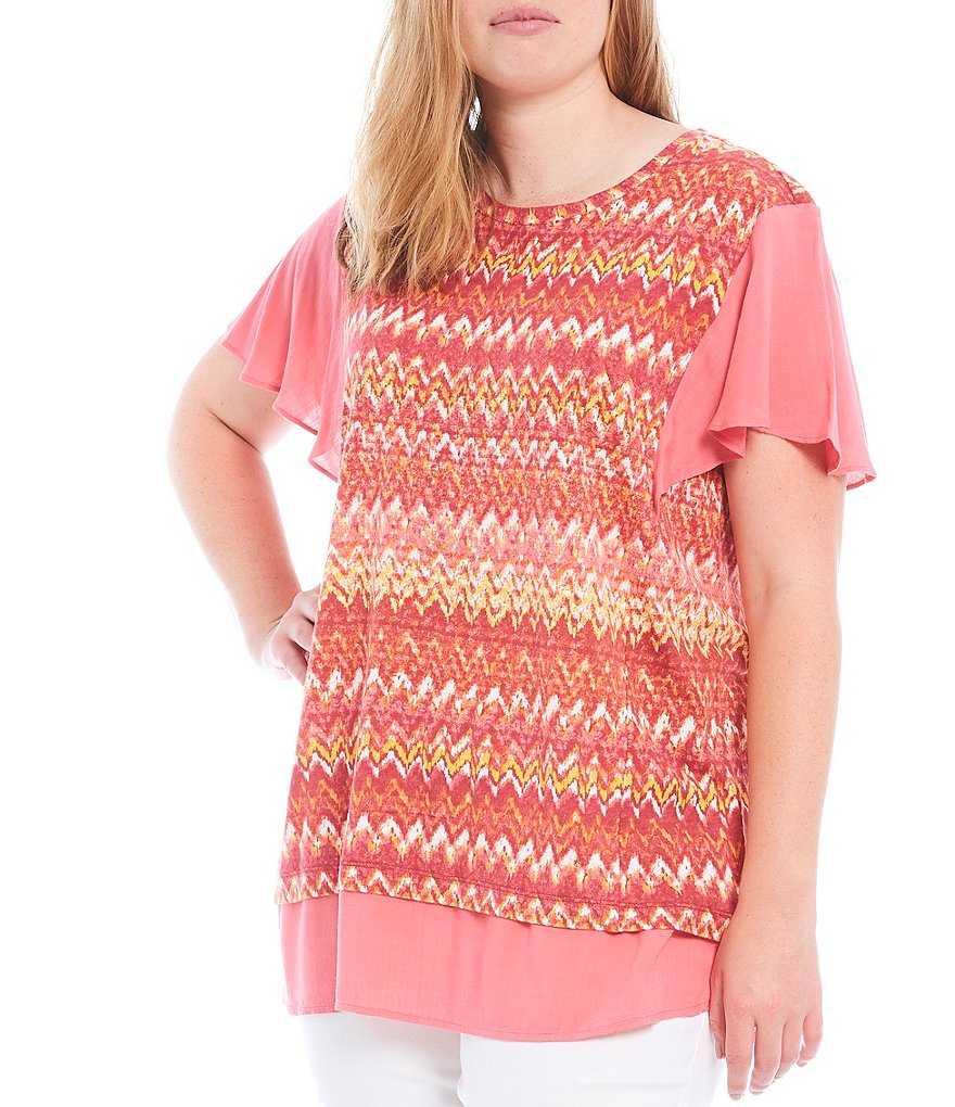 Westbound Plus Size Hazy Stripe Mixed Media Jewel Neck Flutter Short Sleeve Top