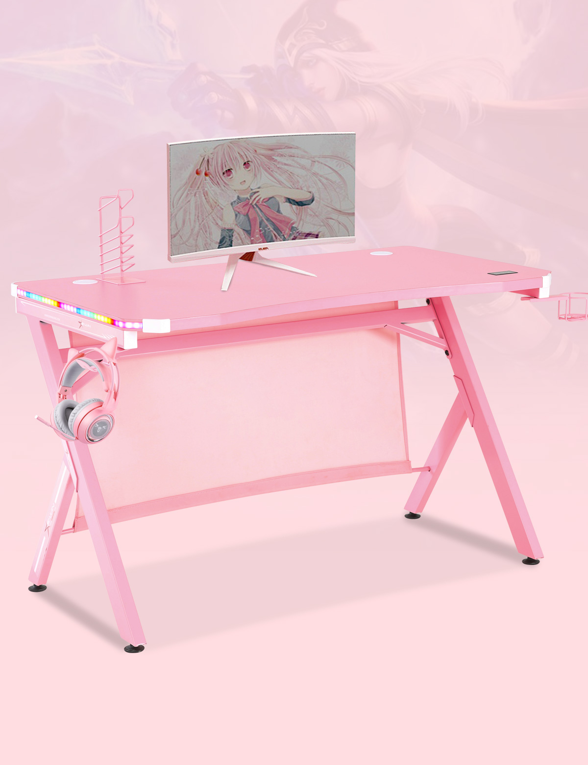 E-WIN&reg; 2.0 Edition RGB Gaming Desk with RGB Lights, Smart Wireless Charger, USB Port, Controller Stand And Cup Holder