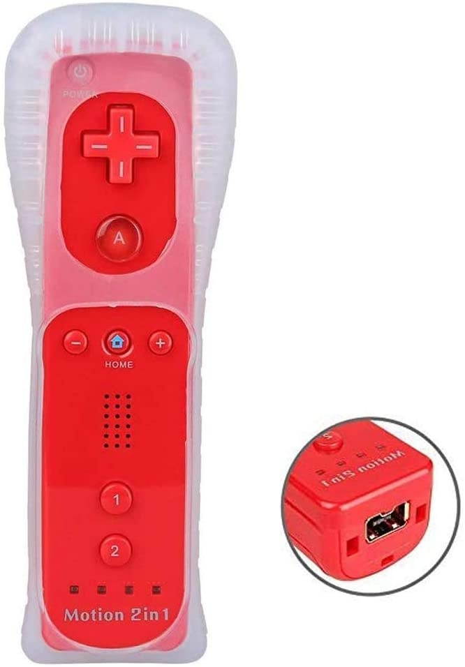 AndThere Wii Remote Controller with Build-in Motion Sensor Plus for Nintendo Wii, Wii U Remote Motion Plus Controller with Silicon Cover Wristband,Red