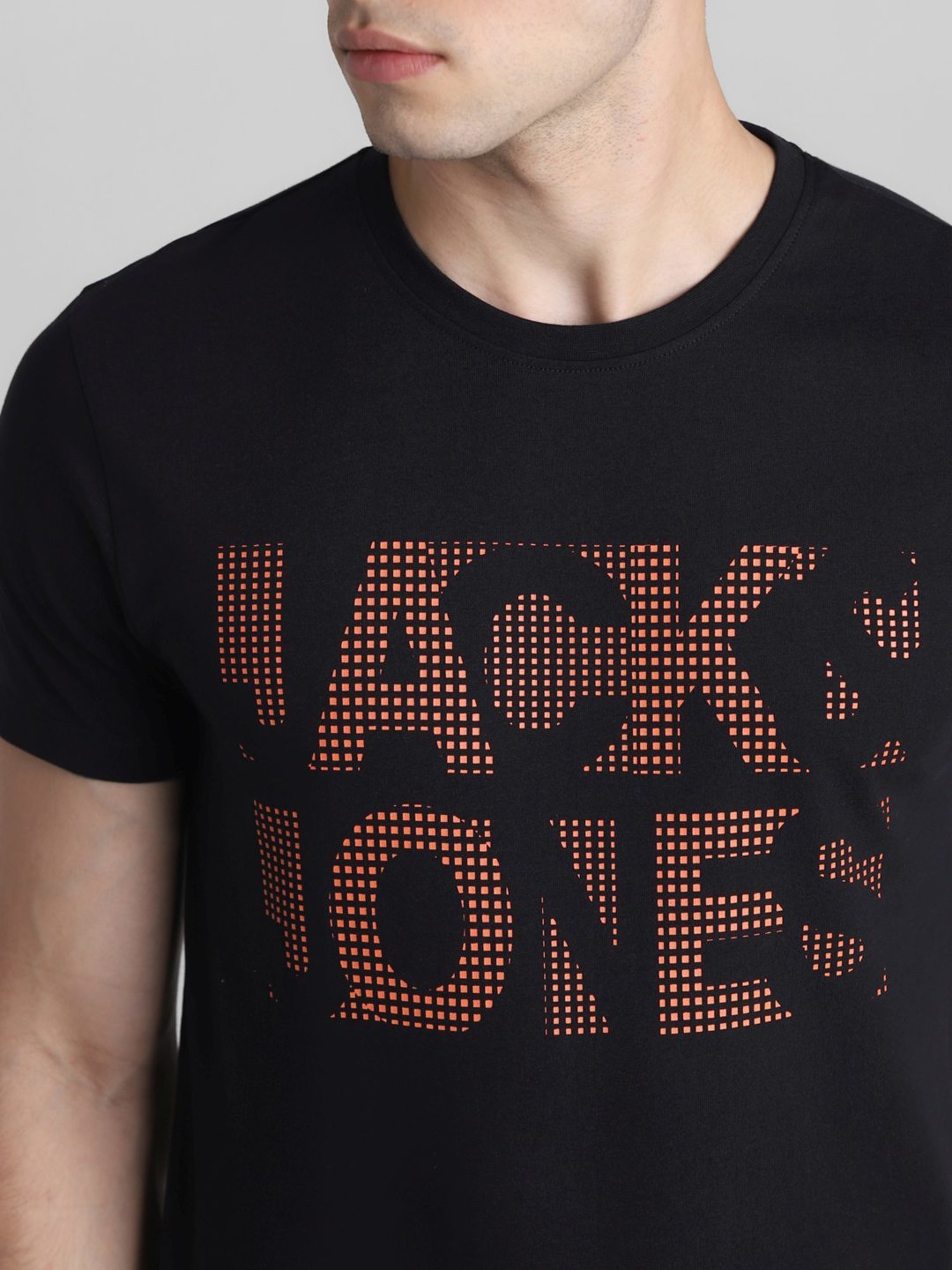 Jack & Jones Jet Black Cotton Slim Fit Printed T-Shirt