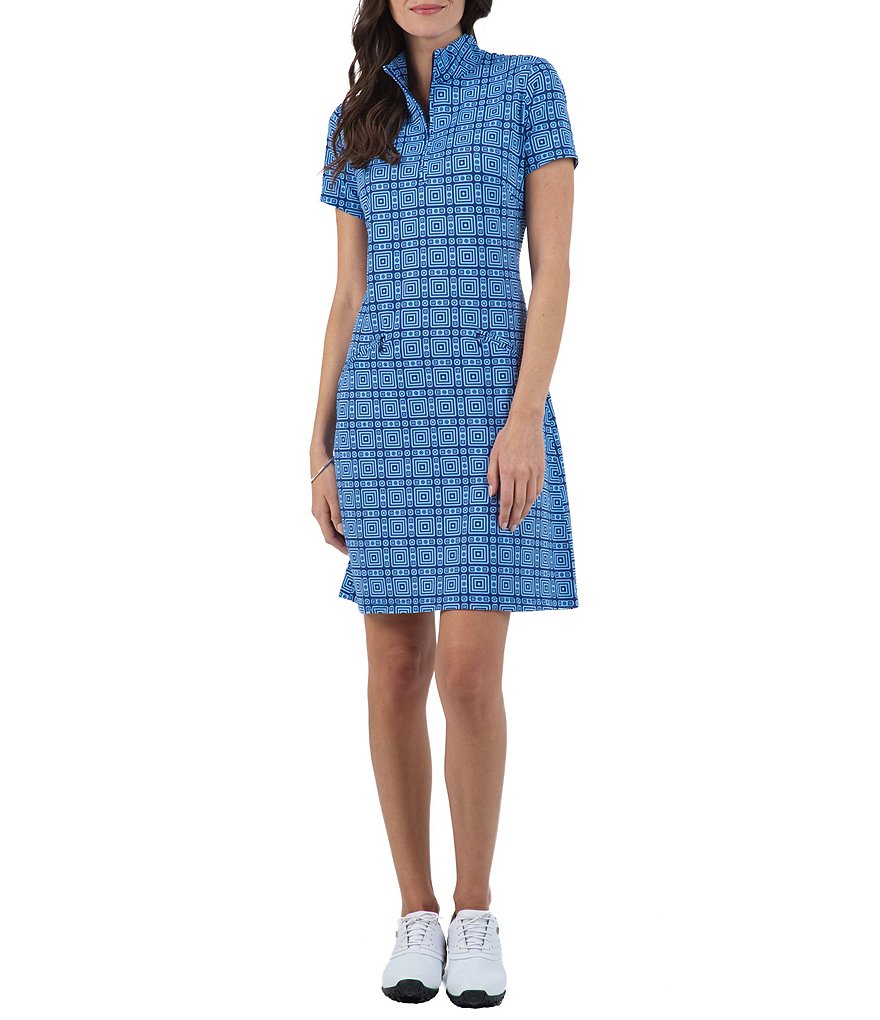 IBKUL Pricilla Print Short Sleeve Point Collar Mock Dress
