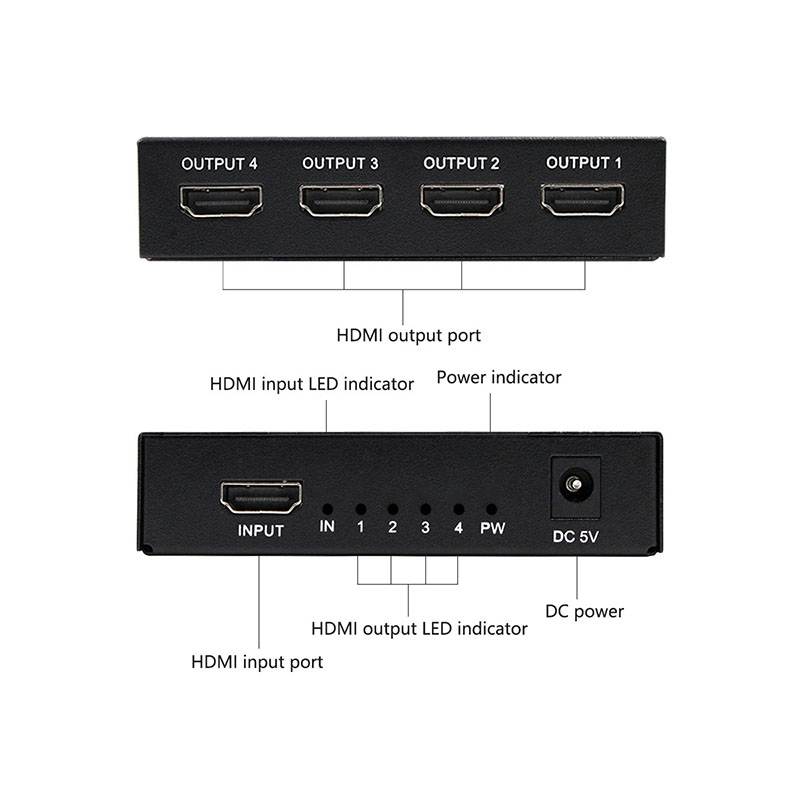 4 Port HDMI Splitter 1X4 Support 1.4 3D Full HD 1080p Video HDMI 1 in 4 out Display for DVD PS3 PC to Monitor HDTV Projector