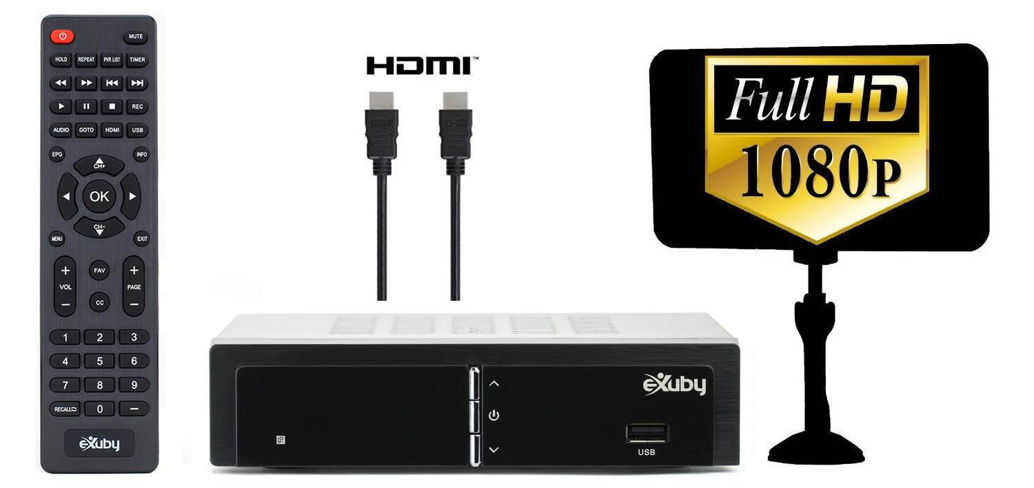 eXuby Digital Converter Box for TV w/ Antenna and HDMI Cable  for Recording and Viewing Full HD Digital Channels FREE (Instant or Scheduled Recording, 1080P HDTV, HDMI Output, 7 Day Program Guide)