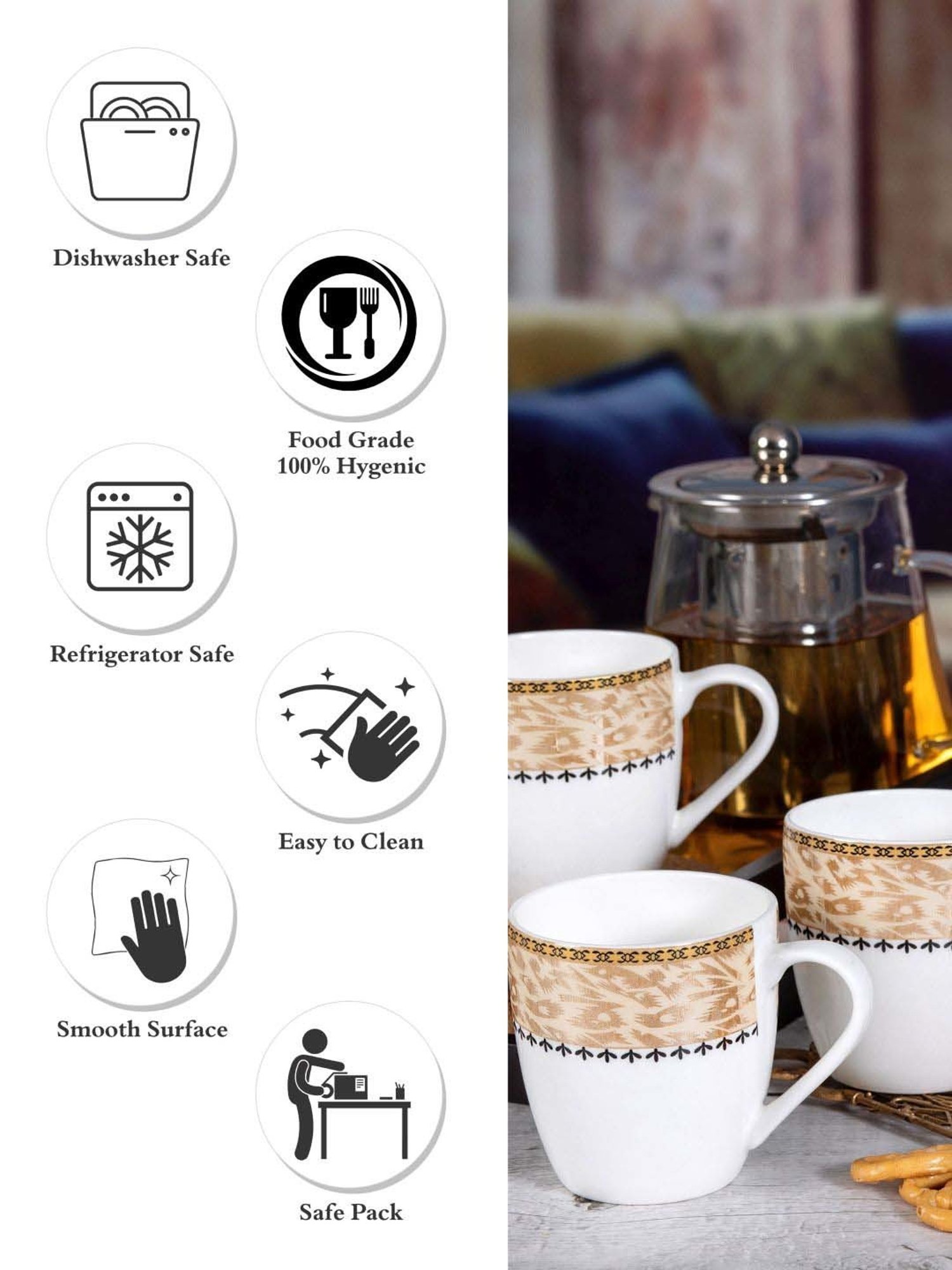 SONAKI White & Orange Bone China Coffee Mug (0.18 L) - Set of 6