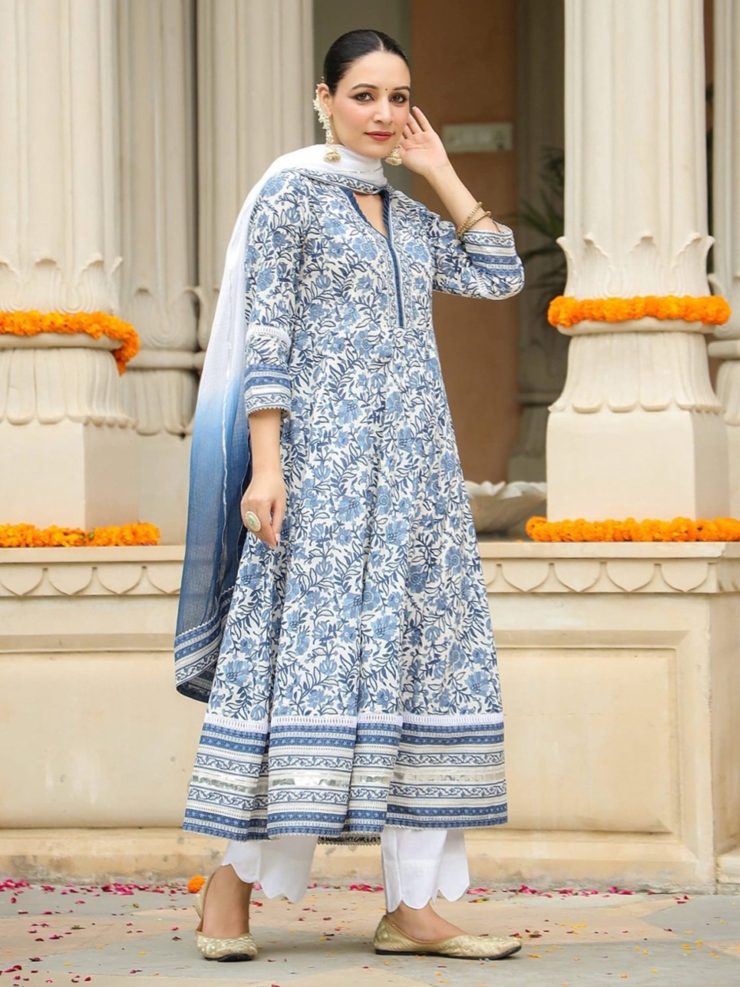 Rain and Rainbow Blue Cotton Floral Print Kurta Pant Set With Dupatta