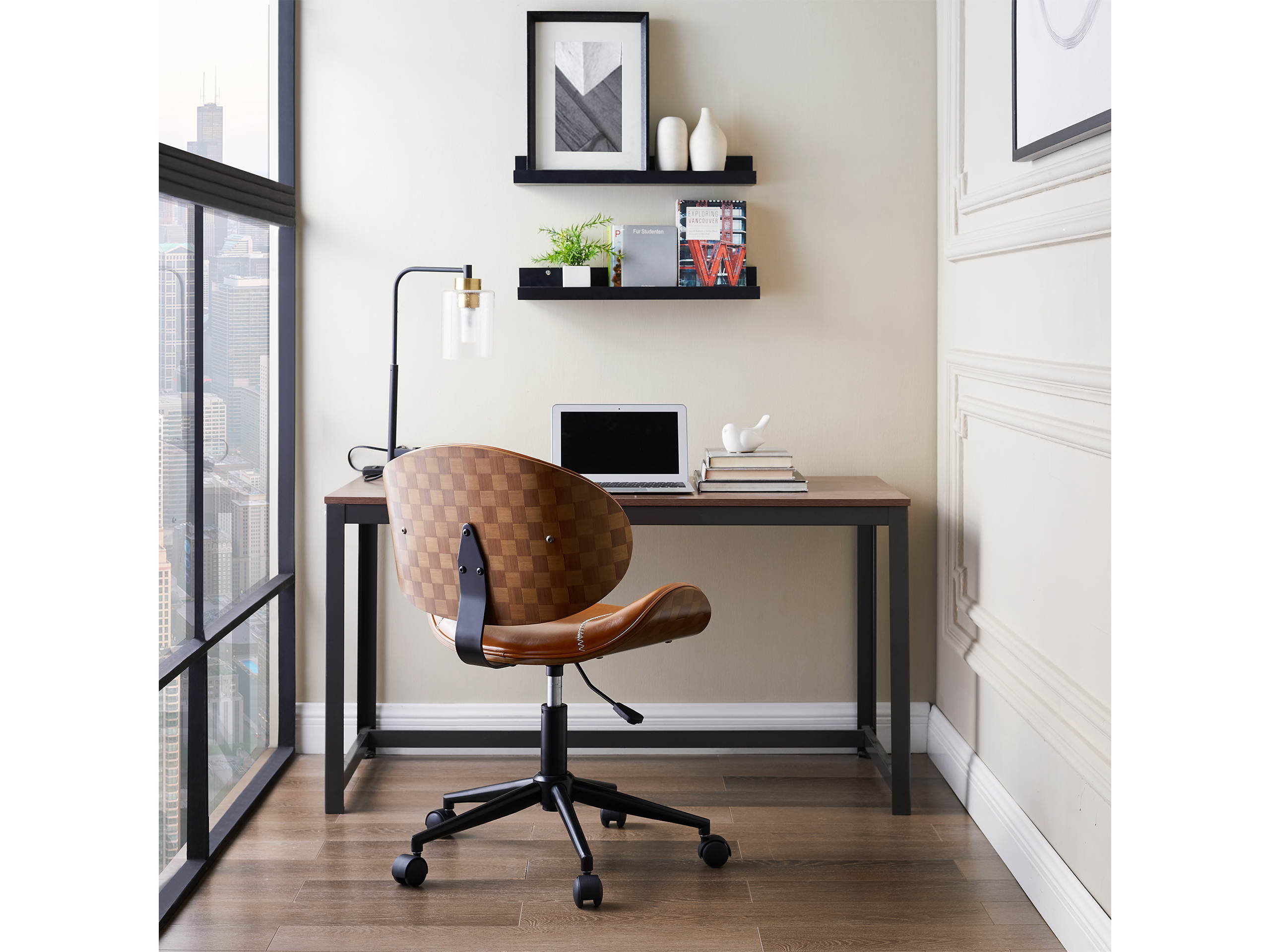 Art-Leon Faux Leather Upholstery Swivel Accent Home Office Desk Chair with 5 Casters and Unique Chess-Board Back Deco