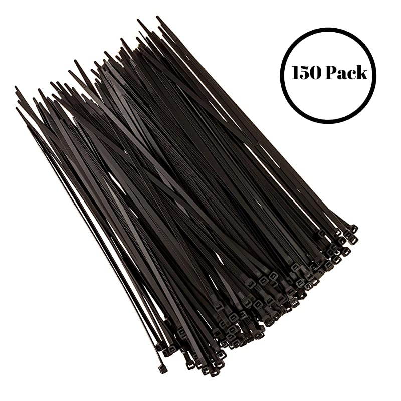 Cable Zip Ties Premium Heavy Duty Nylon 50 lb Tensile Strength Indoor Outdoor UV Resistant Large Black 150 Piece