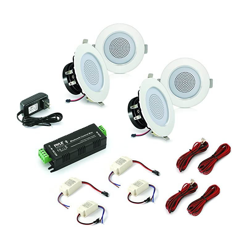 3&rdquo; Bluetooth Flush Mount in-Wall in-Ceiling 2-Way Home Speaker System Built-in LED Lights Aluminum Housing Spring Loaded Clips Polyprone Cone & Tweeter Stereo 200W, Set of 4 (PDIC4CBTL3B) , White