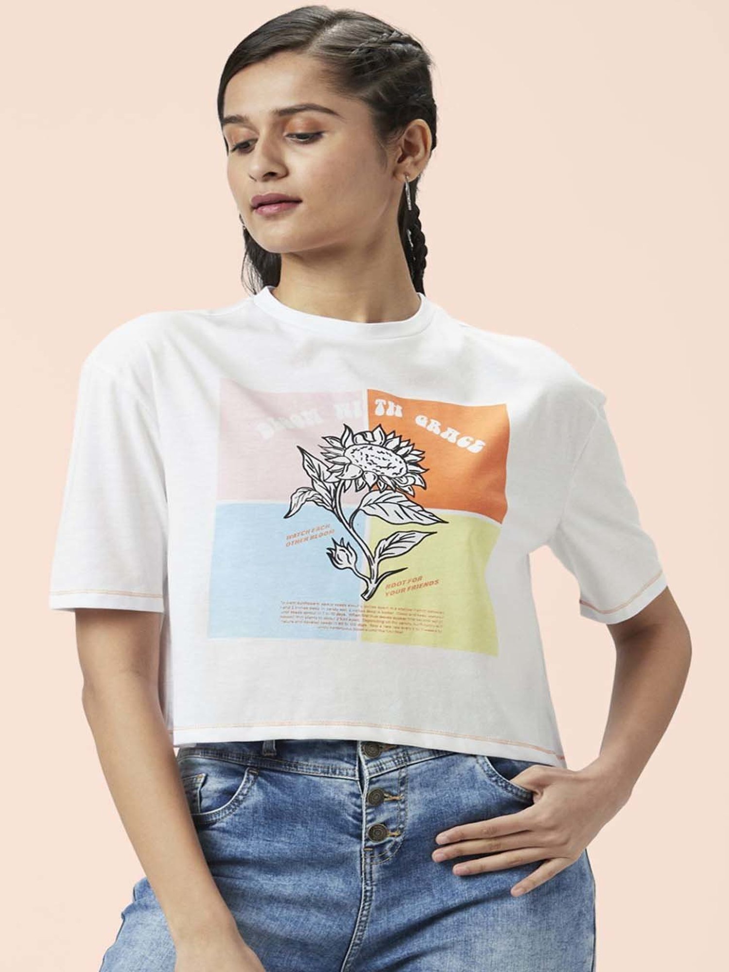 People by Pantaloons White Cotton Printed Crop T-Shirt