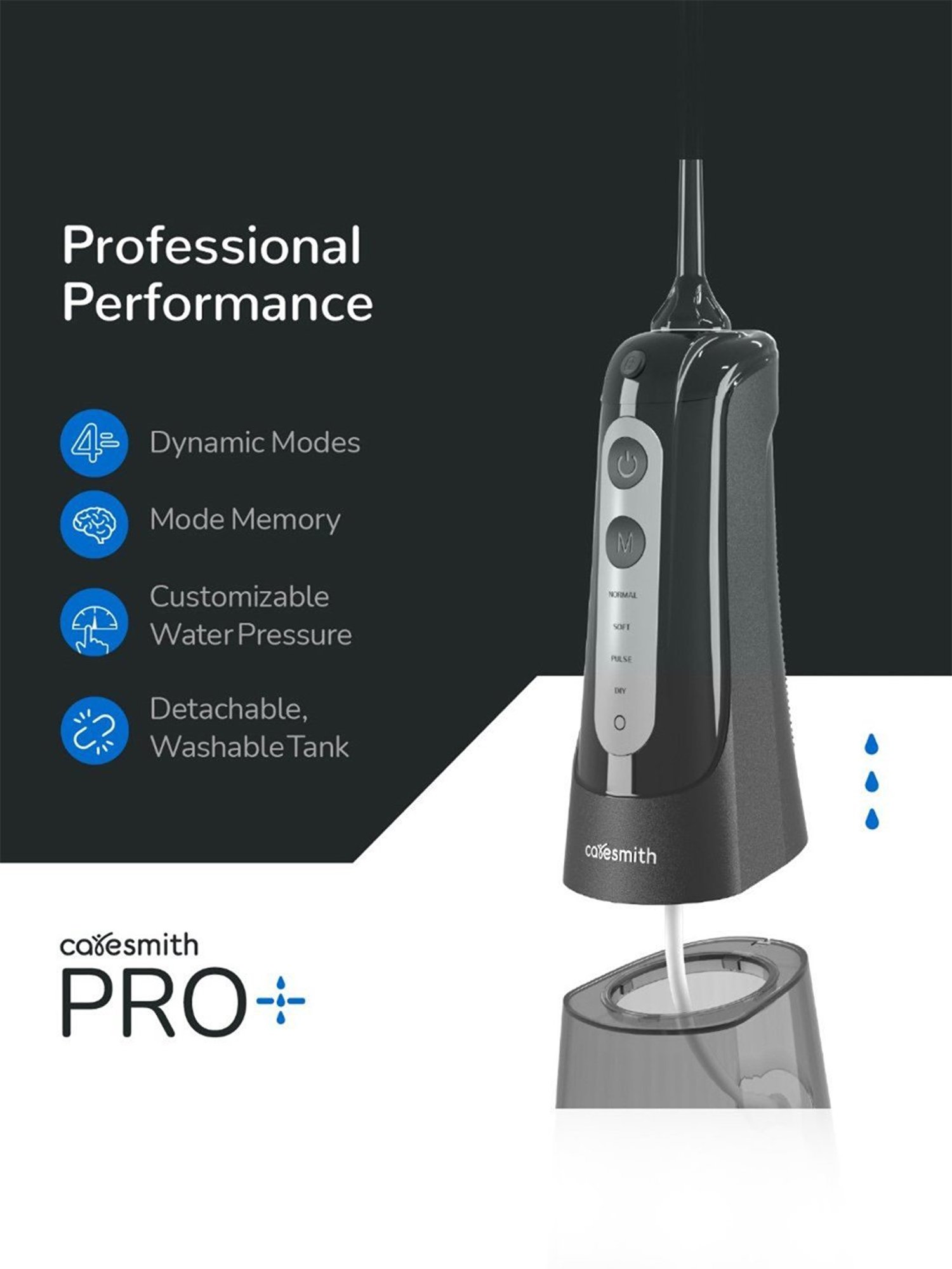 Caresmith Pro+ Cordless Oral Power Flosser 4 Modes with Adjustable Water Pressure Power (Black)