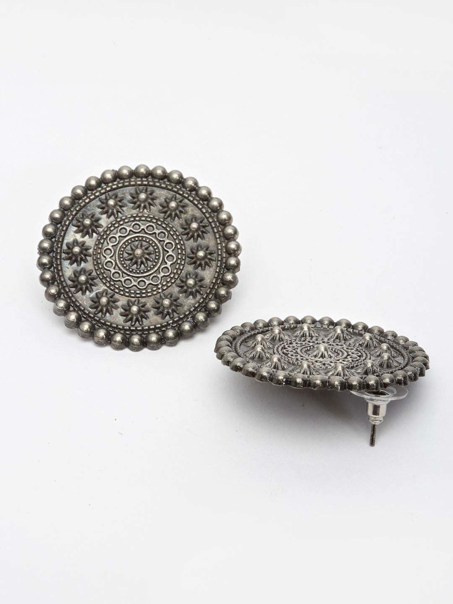 Panash Oxidized Silver-Toned Oversized Circular Stud Earrings