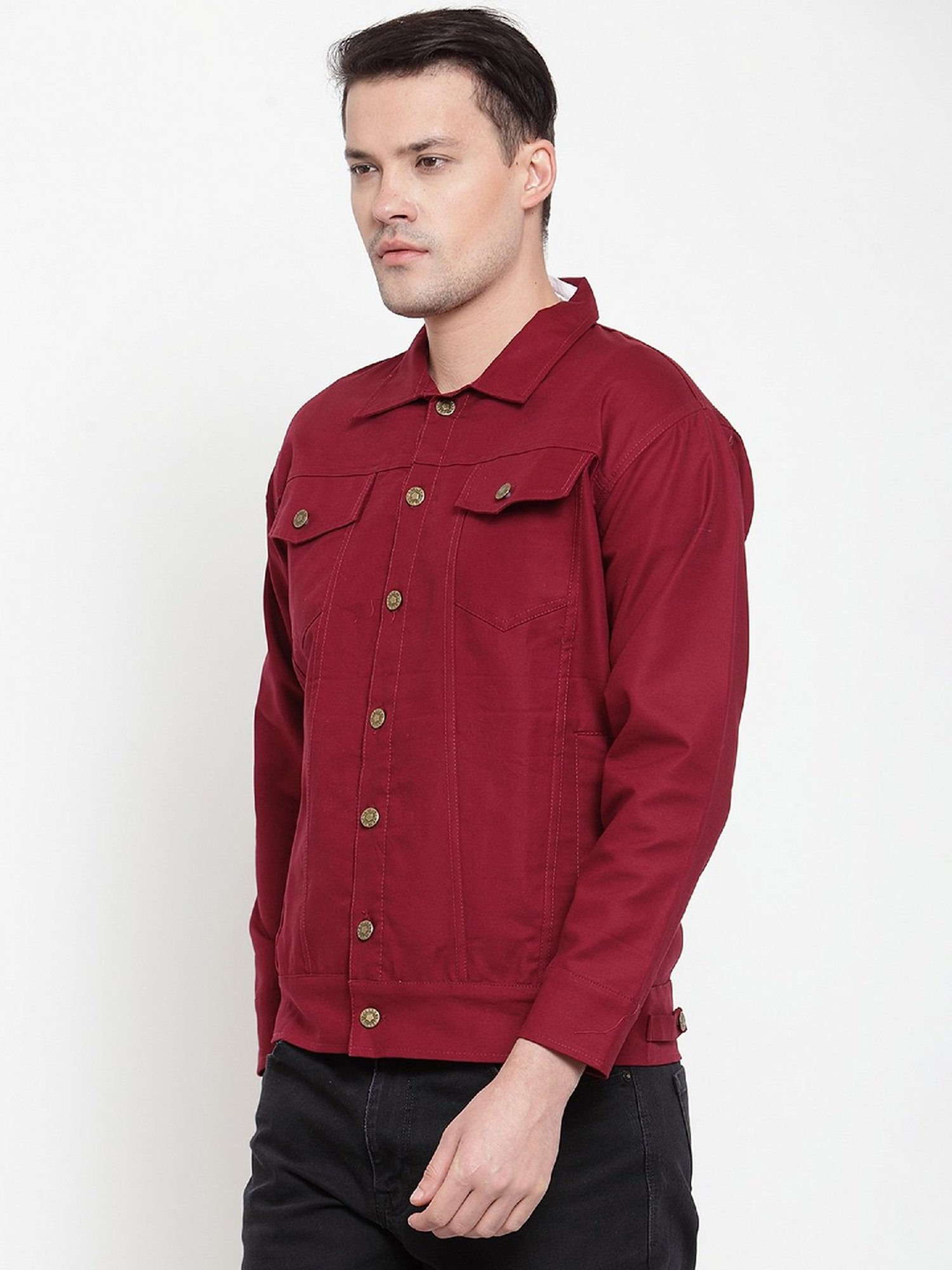 VOXATI Wine Full Sleeves Shirt Collar Denim Jacket
